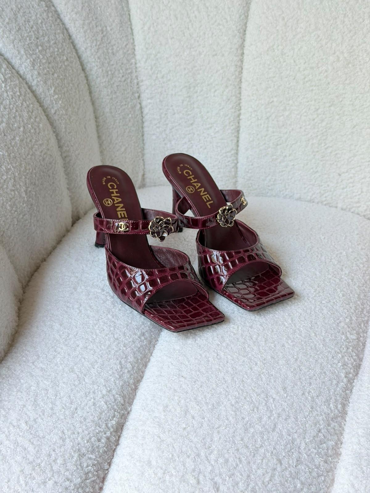 Chanel Crocodile-Embossed Patent Mule Sandals · 2