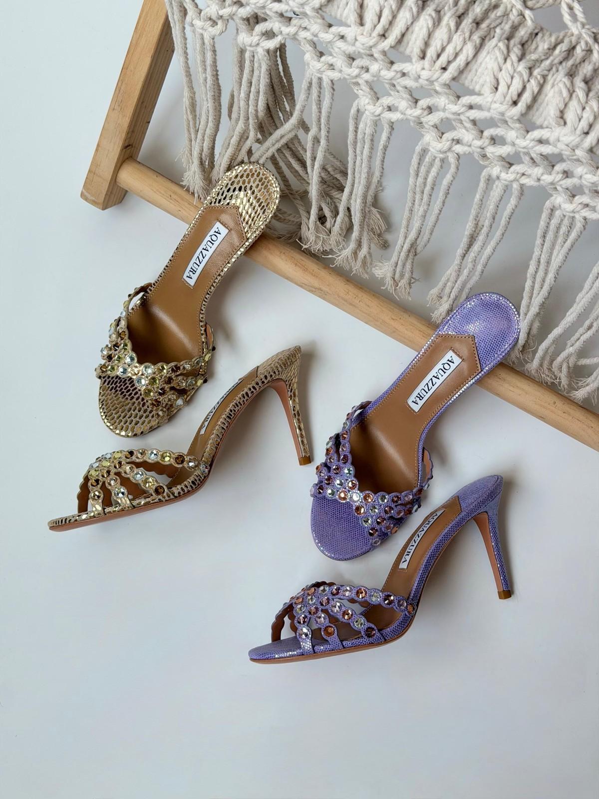 Aquazzura Crystal-Embellished Mesh Mule Sandal in Gold and Lilac · 2