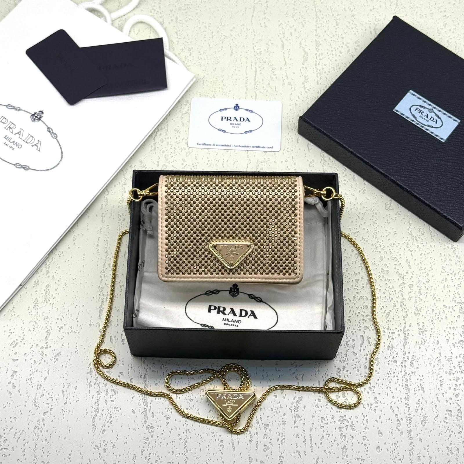 Prada Crystal-Studded Mini Wallet with Chain in Satin · 3