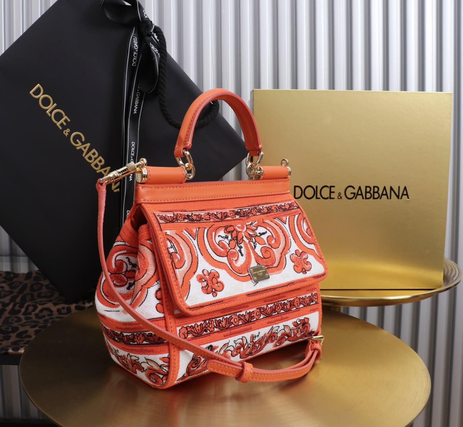 Dolce & Gabbana Small Sicily Handbag in Orange Embroidered Canvas · 2