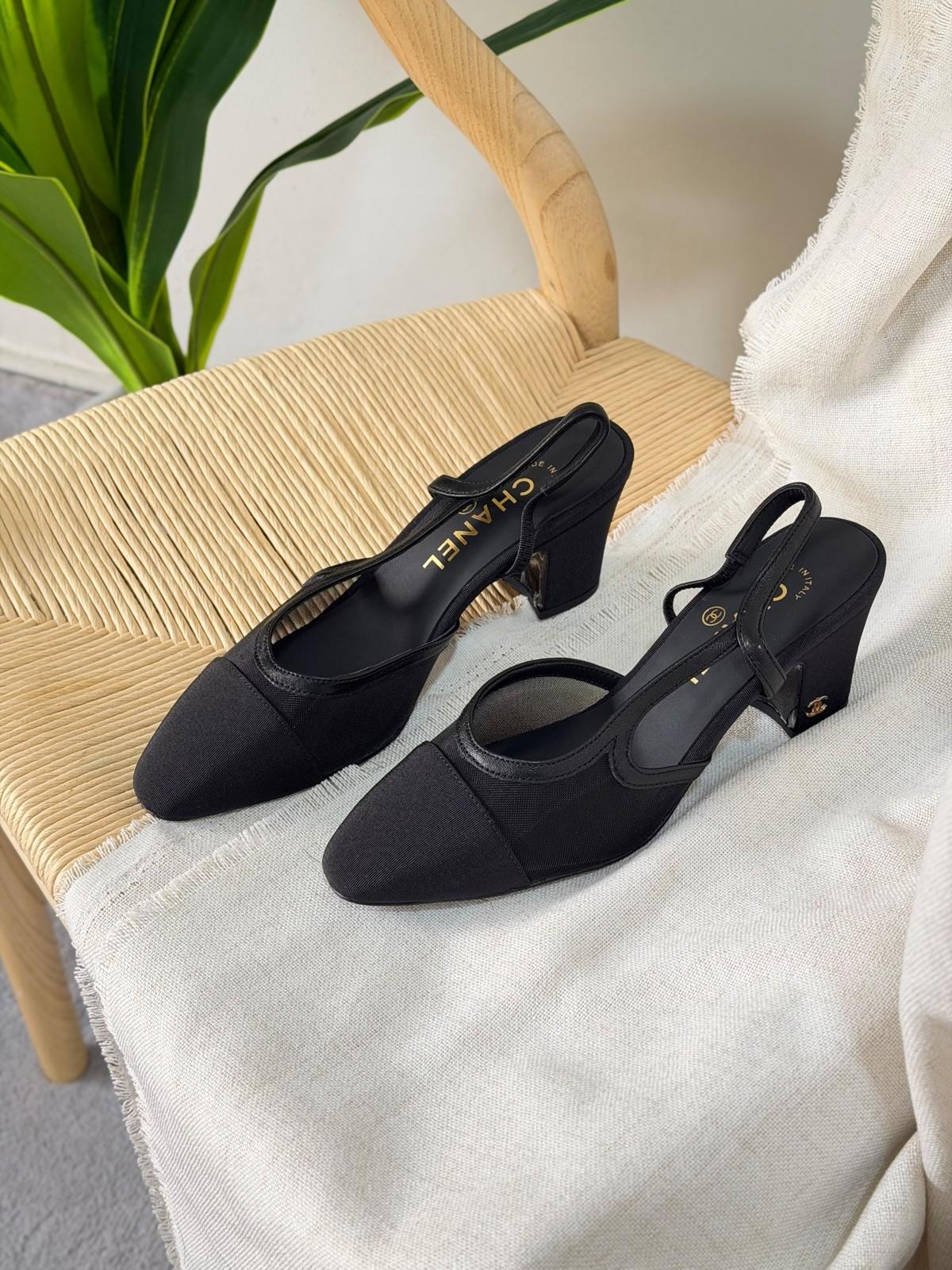 Chanel Slingback Block-Heel Pumps in Black Mesh and Grosgrain · 3