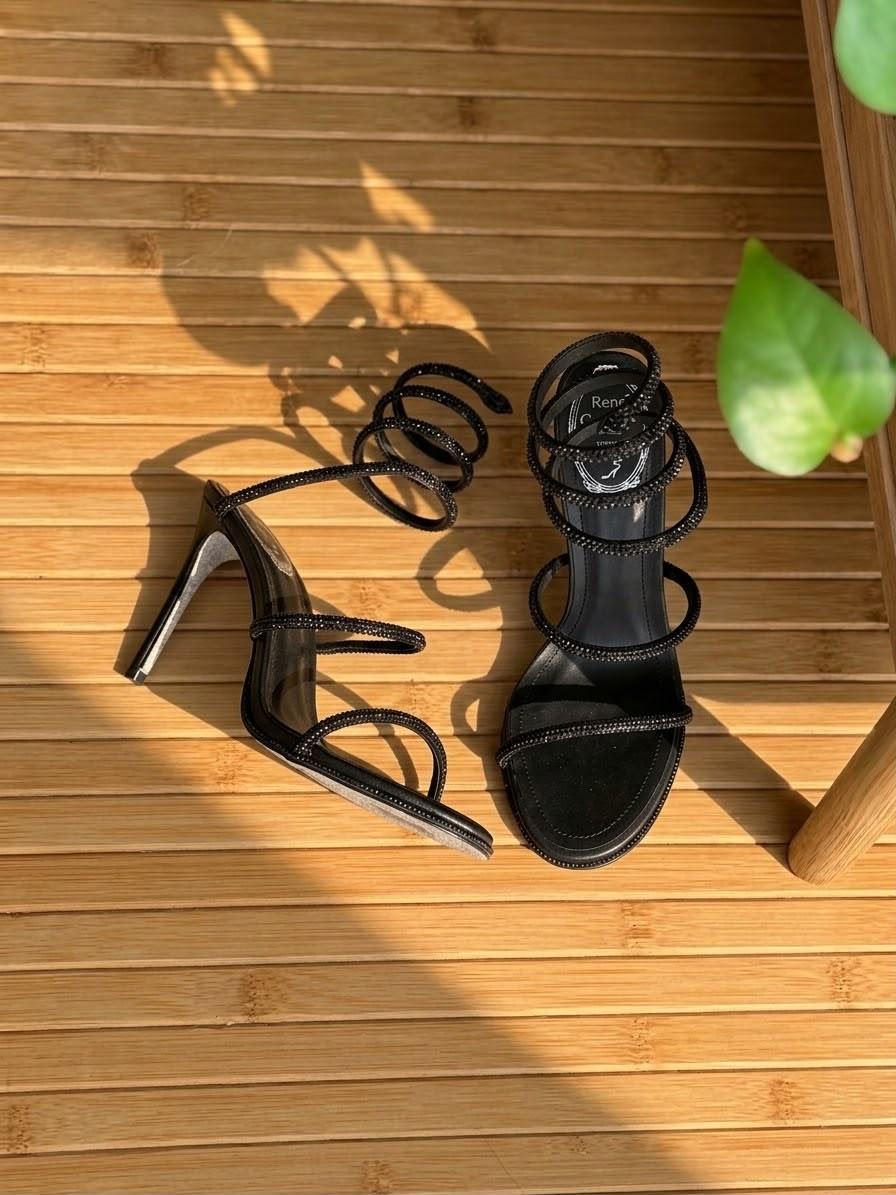 Rene Caovilla Black Crystal-Coil Strappy Stiletto Sandal · 3