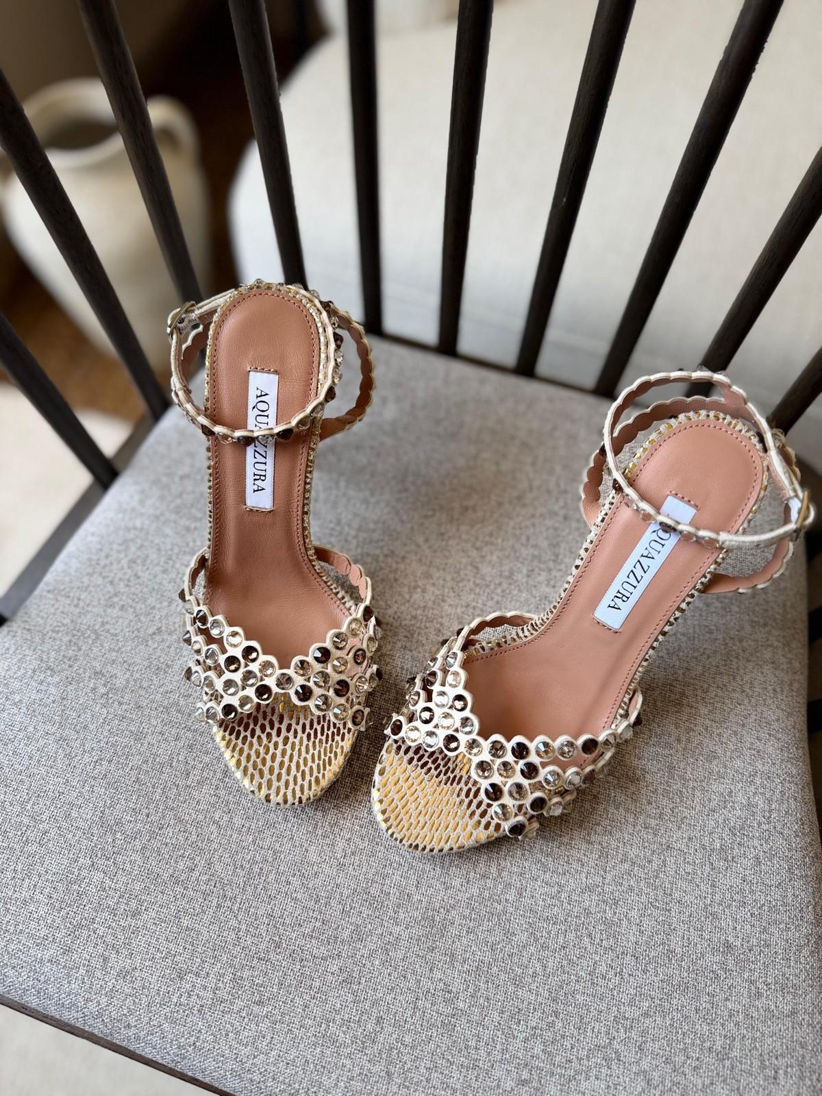 Aquazzura Beaded Mesh Ankle-Strap Sandal in Gold · 2