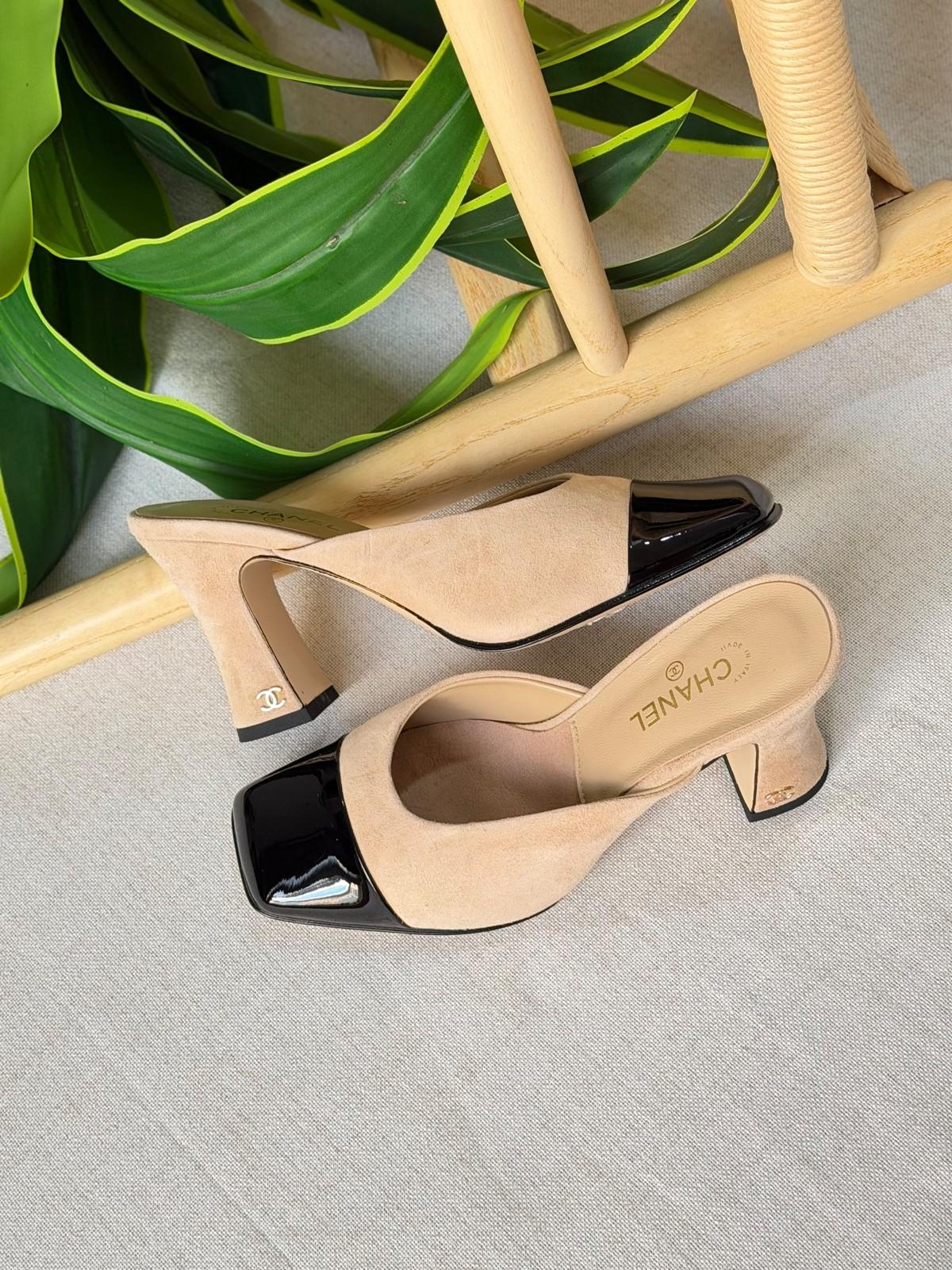 Chanel Two-Tone Mule in Suede with Patent Cap Toe · 2