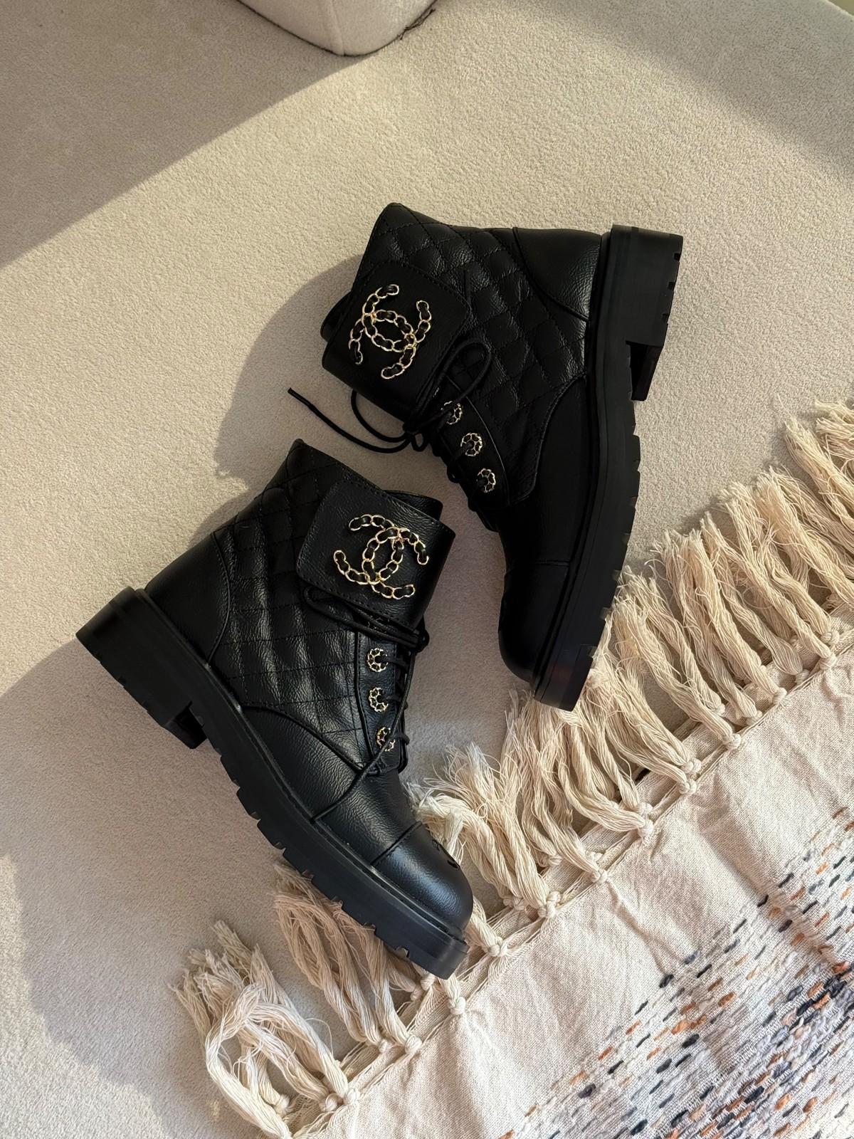 Chanel Quilted Calfskin Lace-Up Ankle Boots in Black with Gold CC Hardware · 3