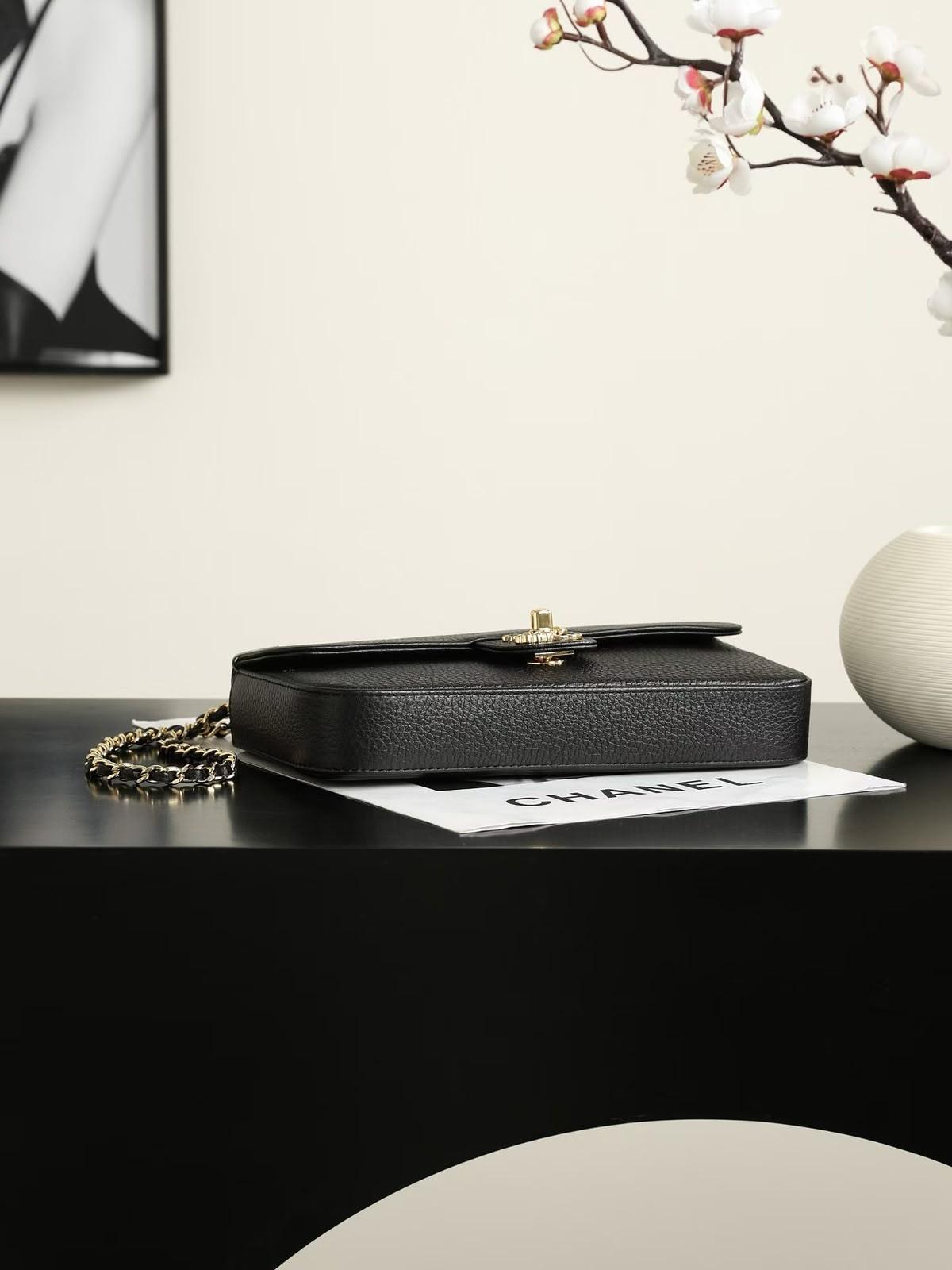 Chanel Flap Bag in Black Grained Calfskin with Gold-Tone Chain and Charm Strap · 3