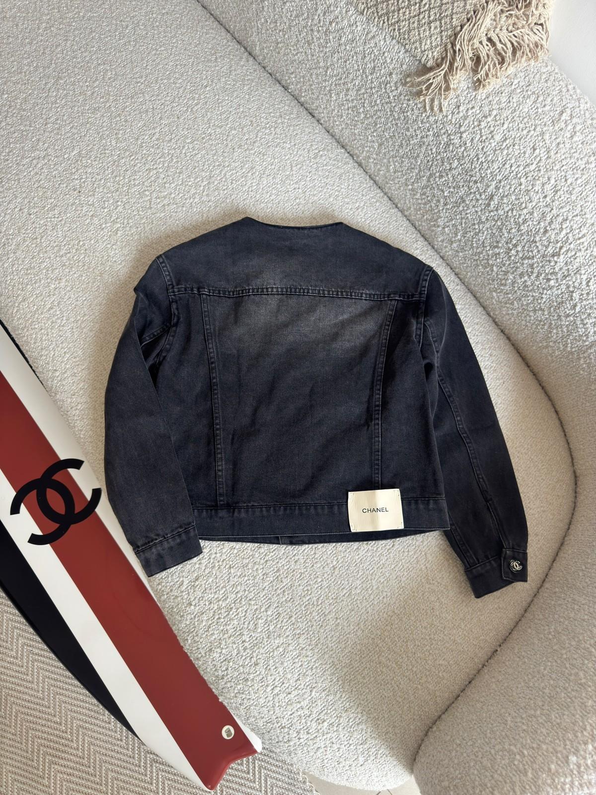 Chanel Collarless Denim Jacket in Black Washed Denim with CC Buttons · 2