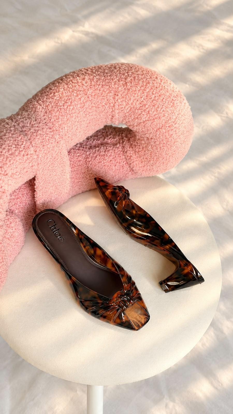 Chloé Pointed Toe Bow Flats in Tortoiseshell Patent Leather