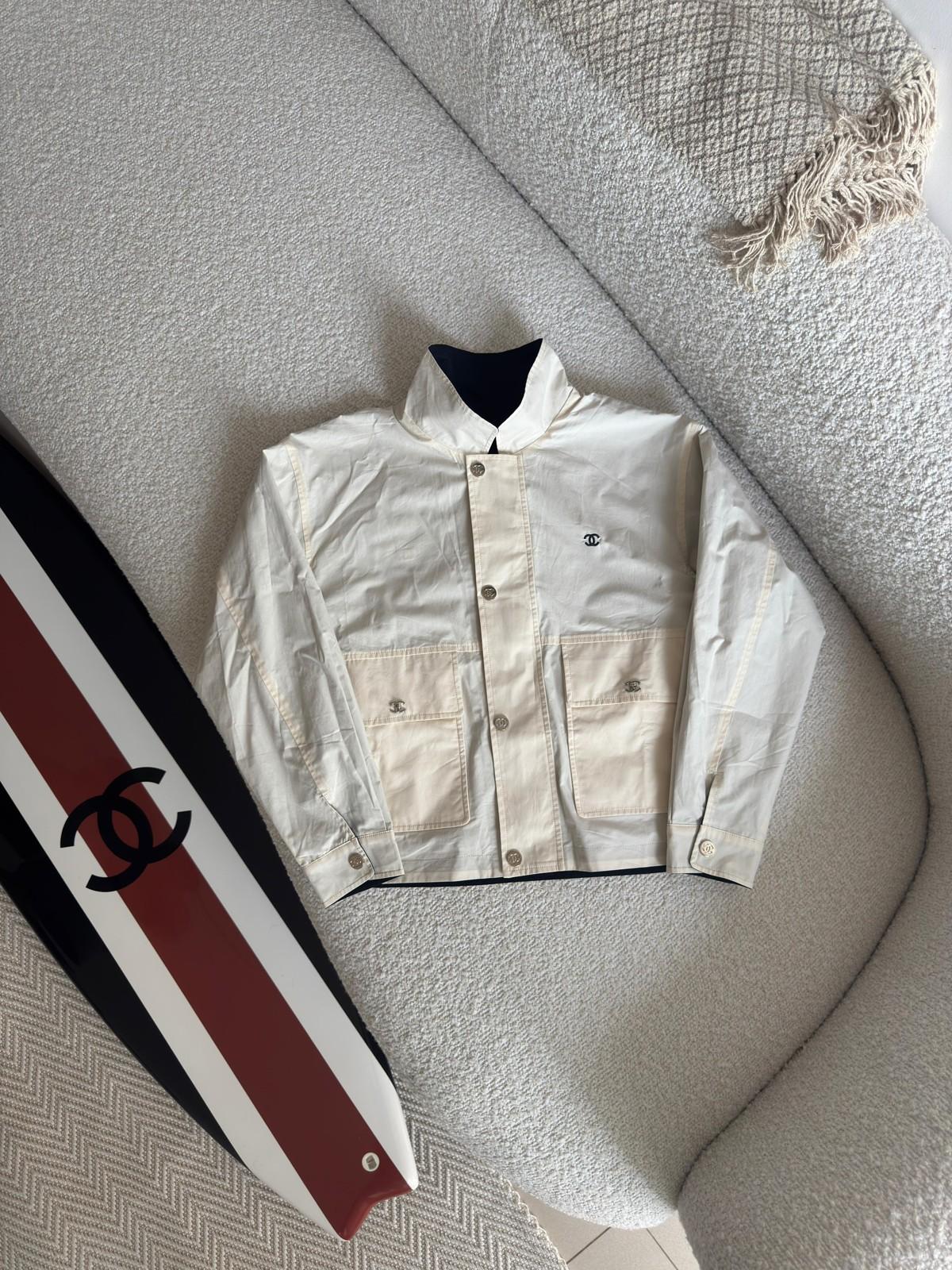 Chanel CC Button Cotton Jacket in White and Navy · 2