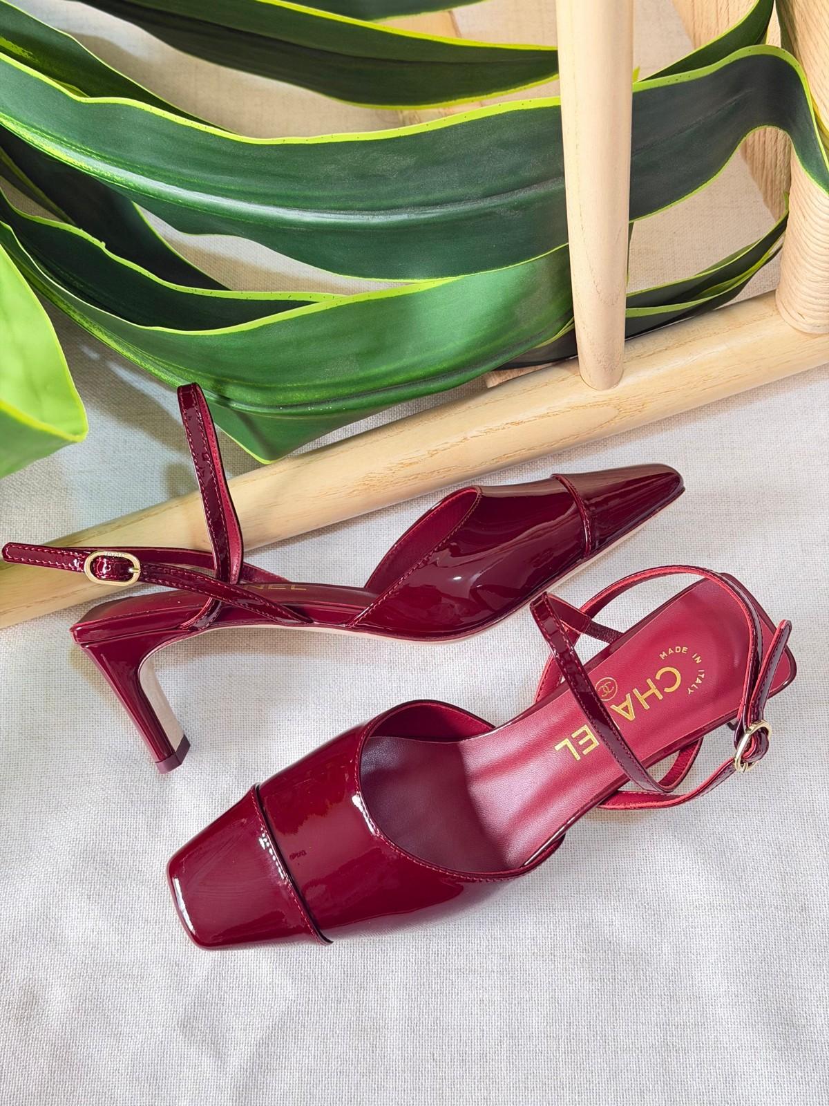 Chanel Slingback Pumps in Burgundy Patent Leather with Cap Toe · 2