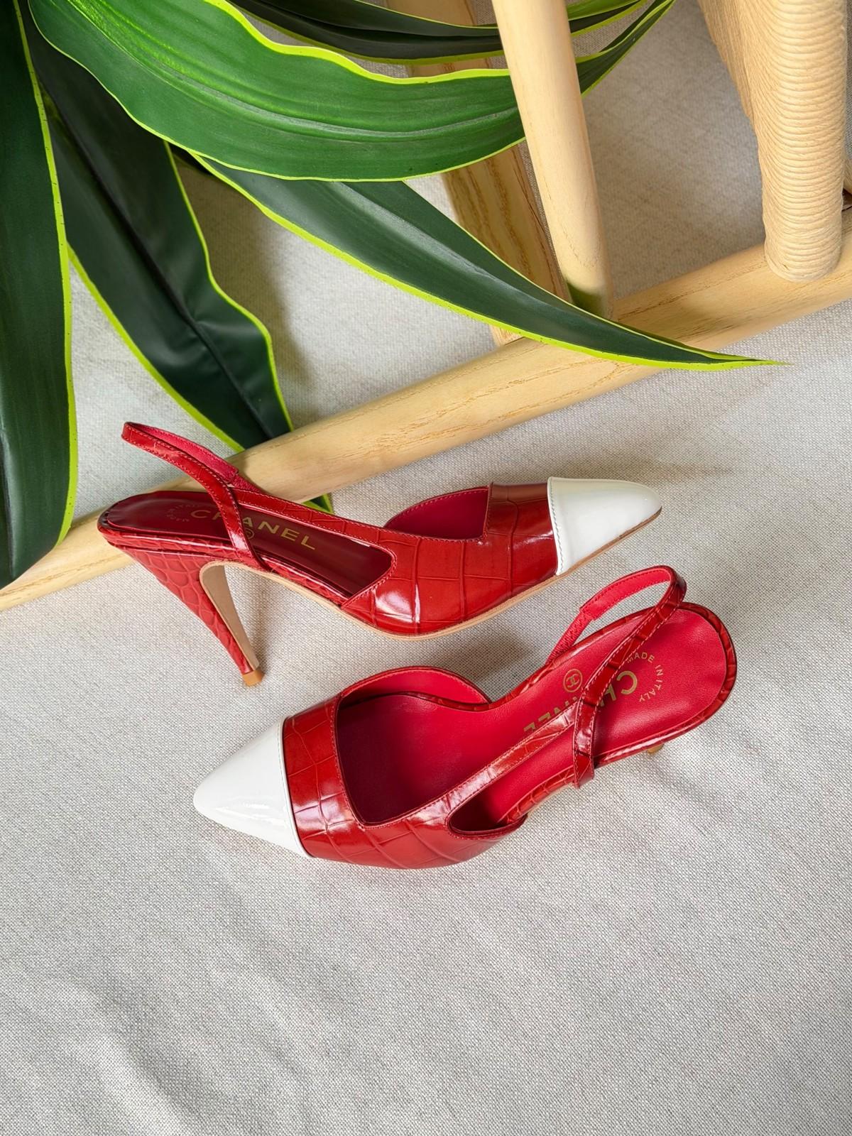 Chanel Slingback Pumps in Croc-Embossed Patent with White Cap Toe · 2
