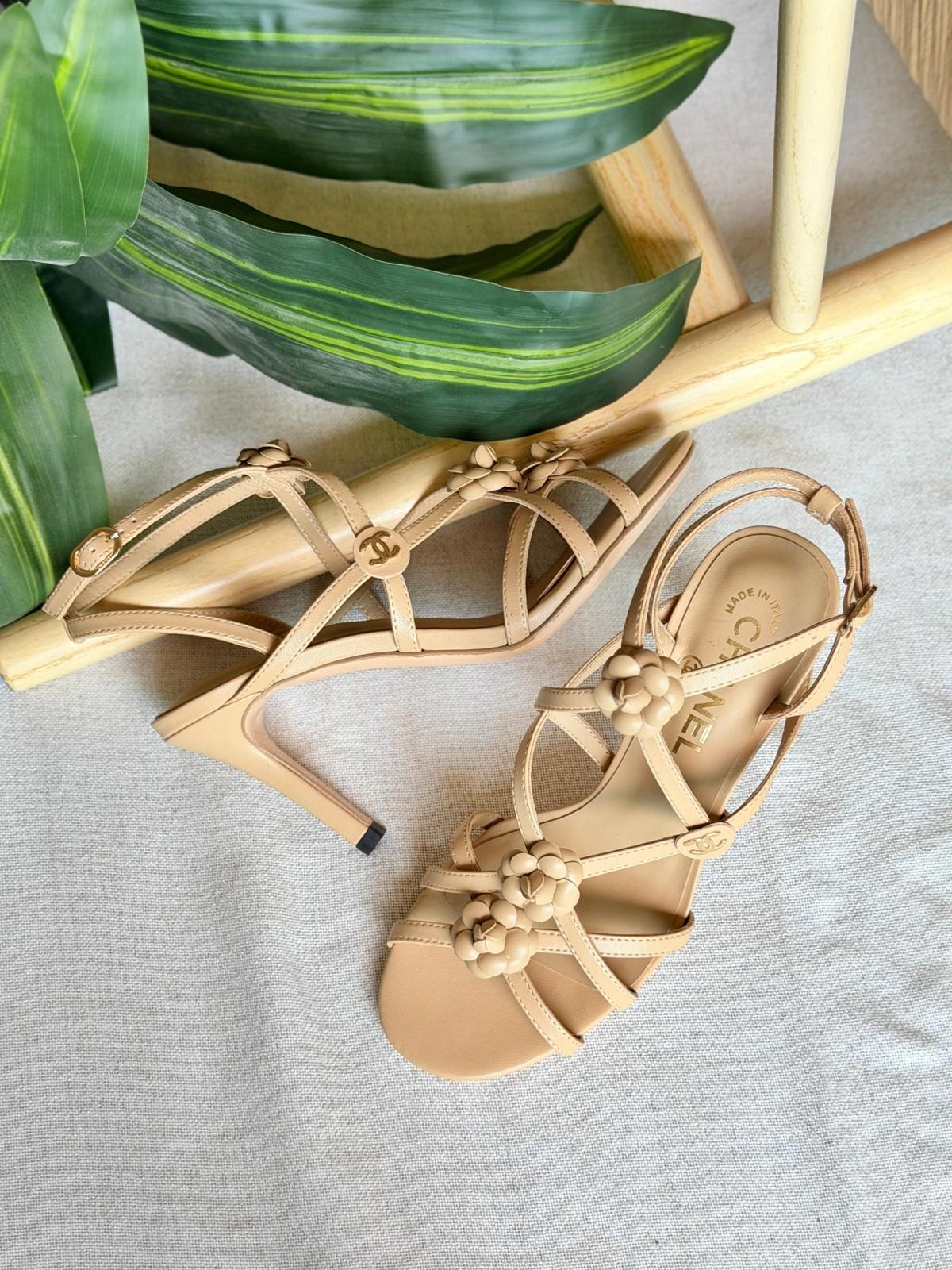 Chanel Camellia Strappy High Heel Sandals in Black and Beige Leather · 3
