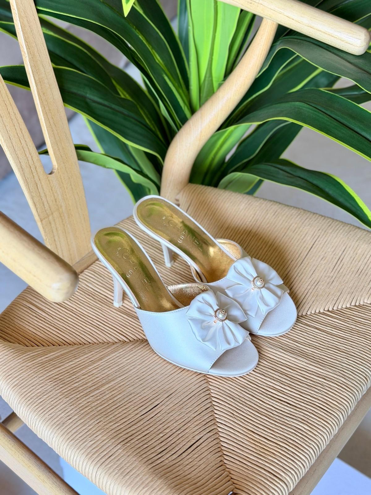White Satin Peep-Toe Mule Heels with Ruched Bow & Pearl Brooch · 3
