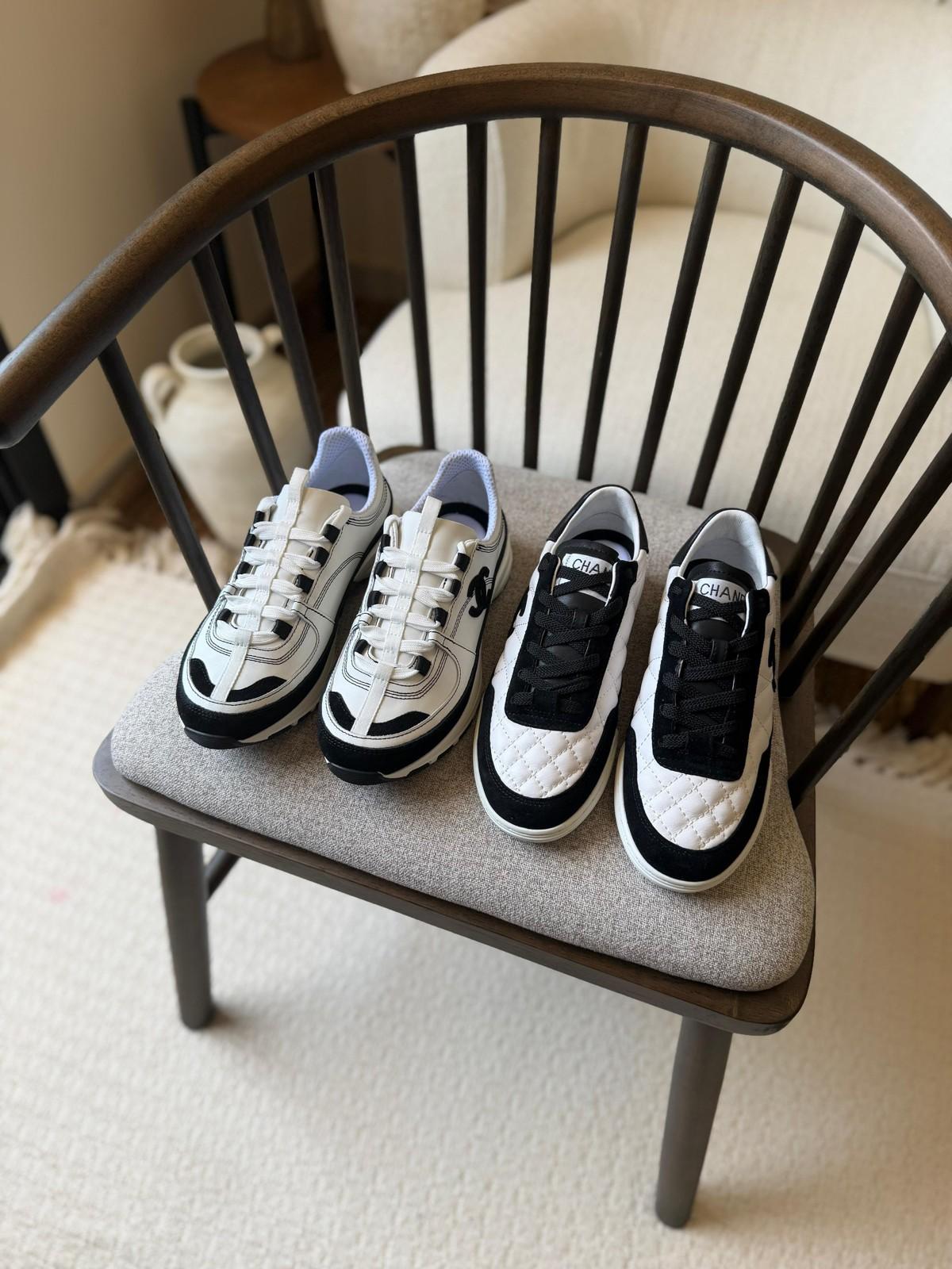 Chanel Low-Top Sneakers in White & Black Calfskin (Two Styles) · 2