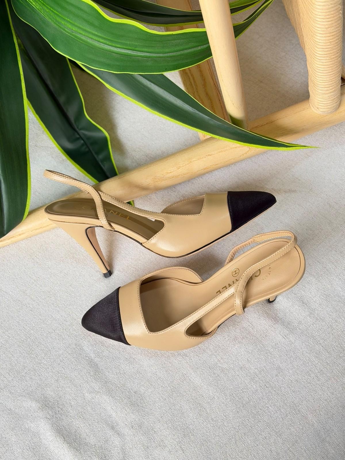 Chanel Slingback Pumps in Beige Lambskin with Black Cap Toe · 2