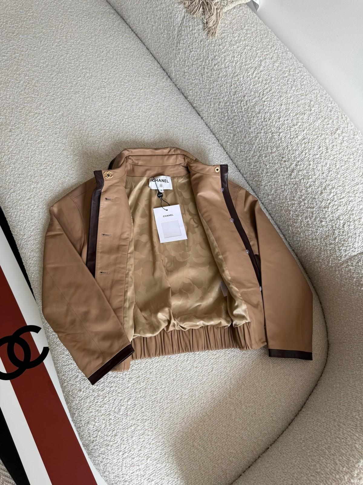 Chanel Beige Lambskin Bomber Jacket with Dark Brown Trim · 2