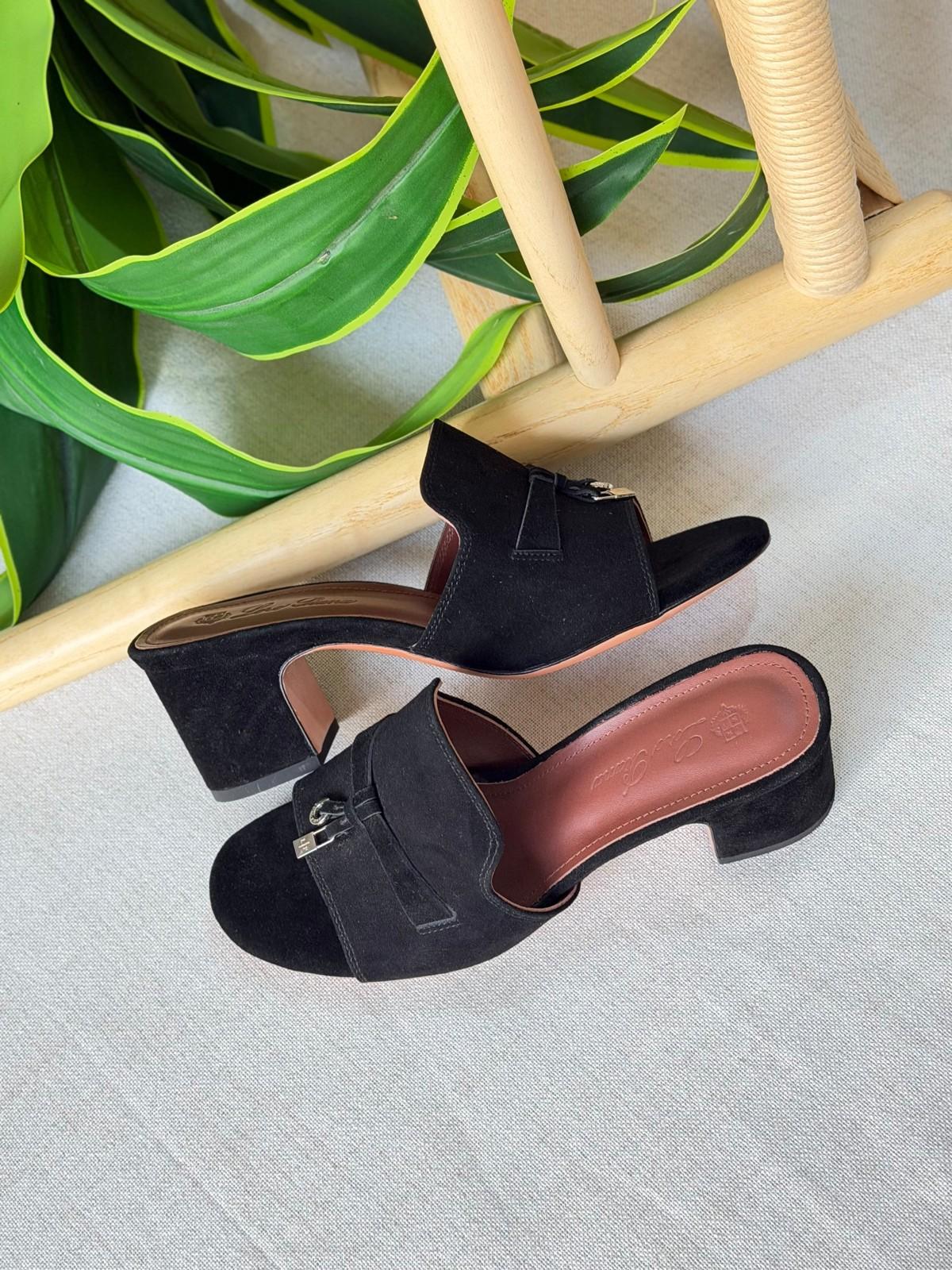 Loro Piana Black Suede Block-Heel Open-Toe Mule Sandal · 2