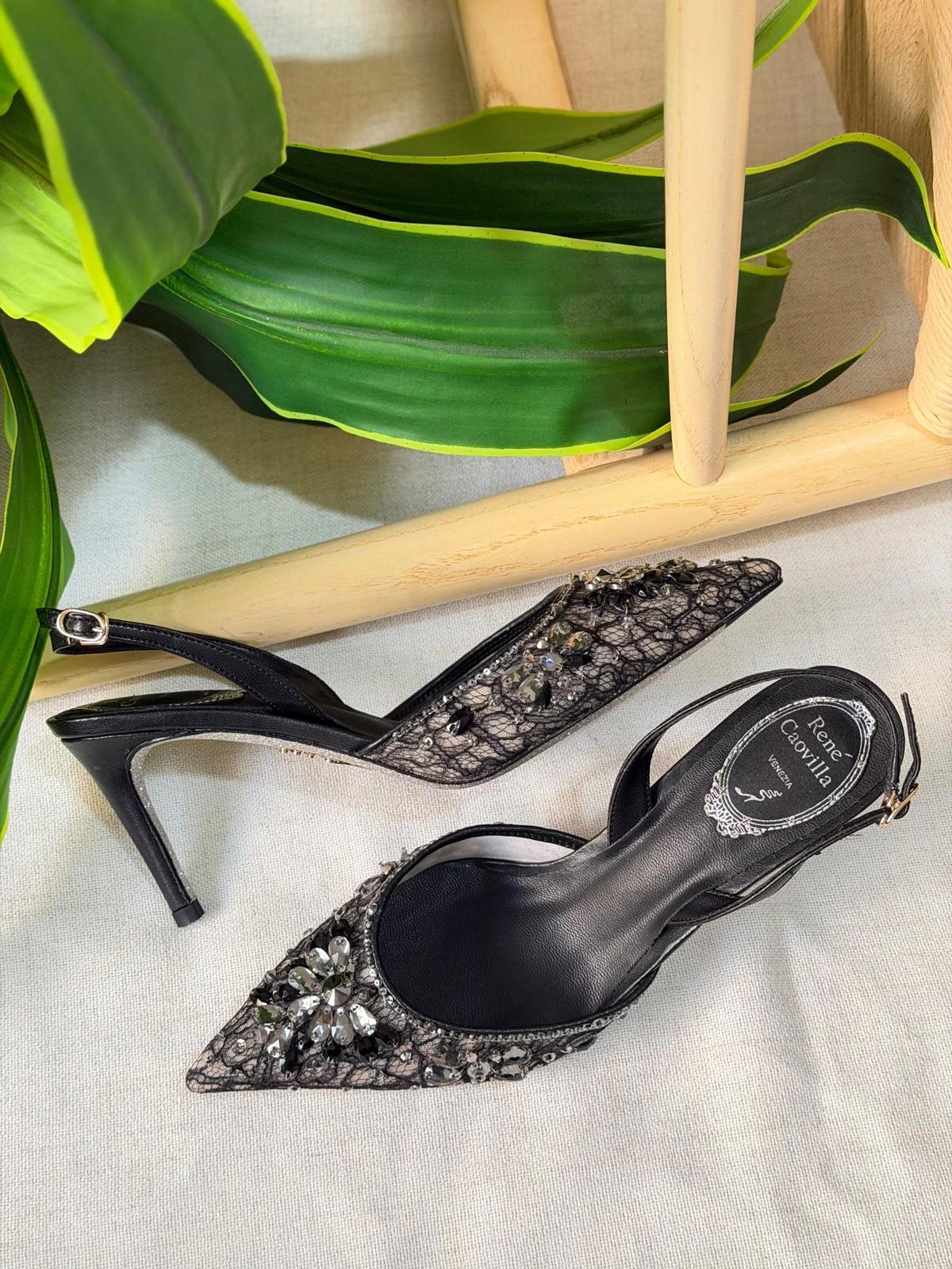 René Caovilla Lace Crystal-Embellished Slingback Pumps · 2