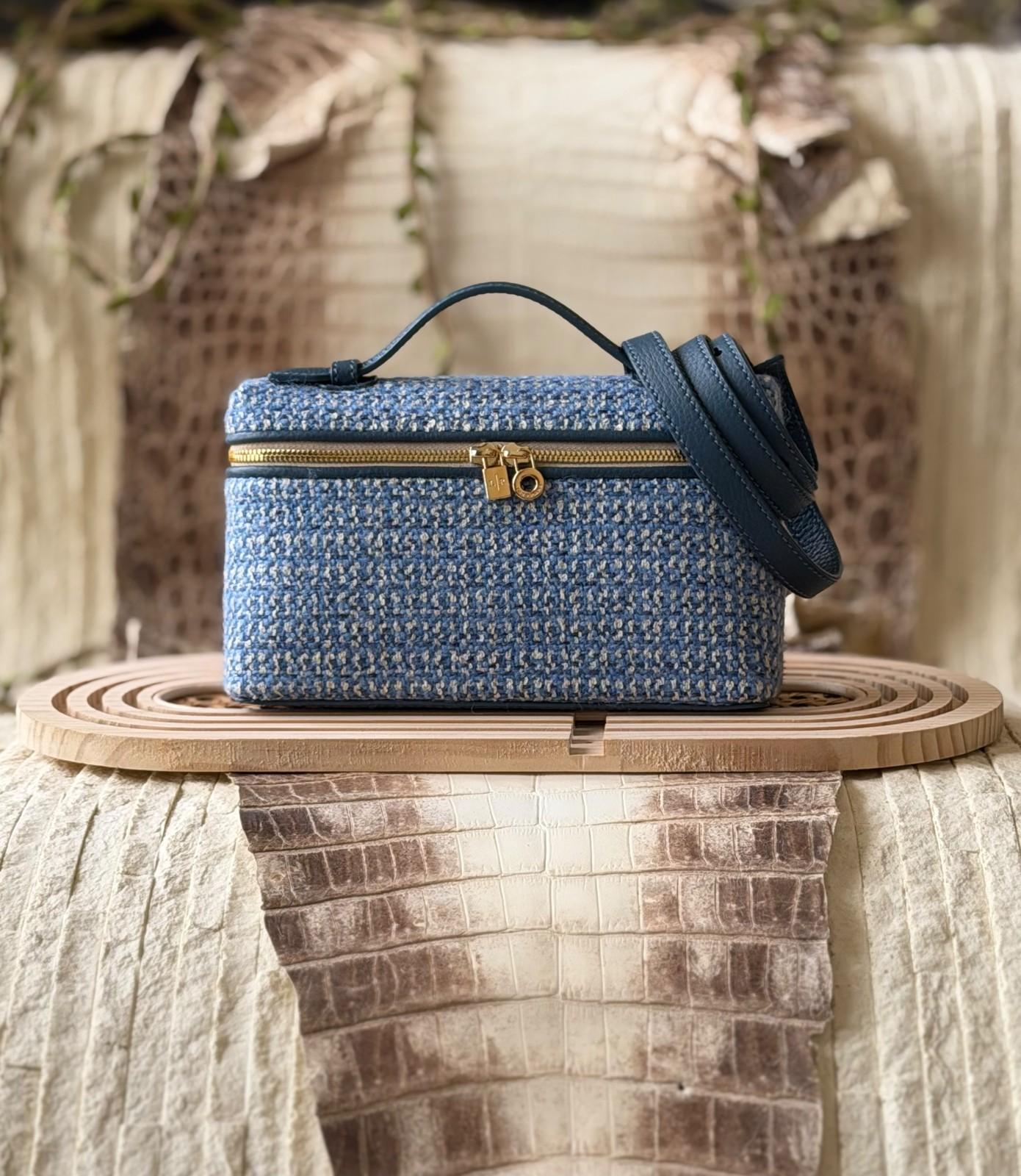 Chanel Vanity Case in blue tweed with leather strap