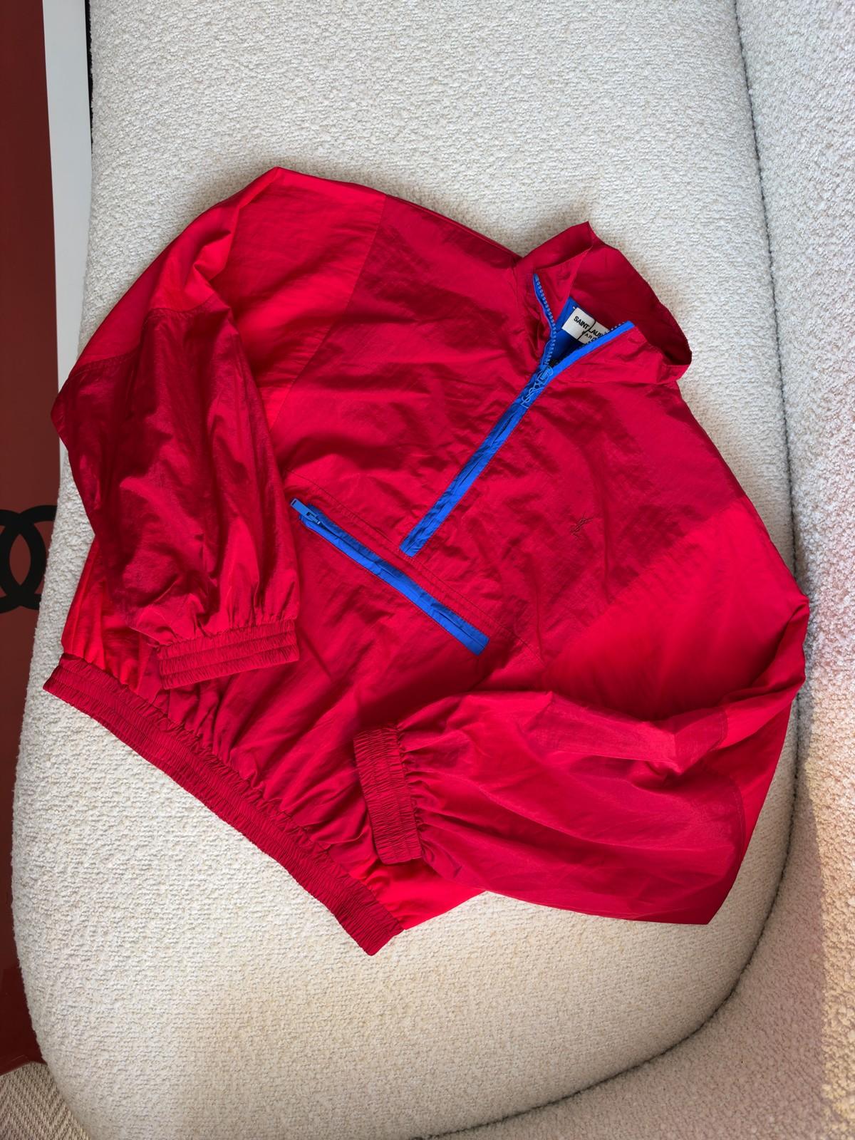 Red Nylon Half-Zip Windbreaker Jacket with Blue Zip Trim · 2