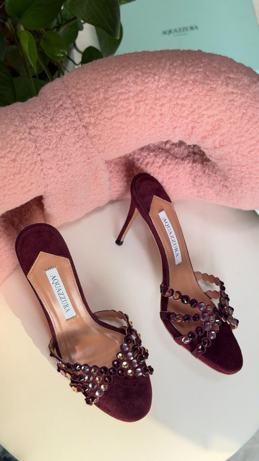 Aquazzura Beaded Crystal Ankle-Strap Sandal in Velvet · 2
