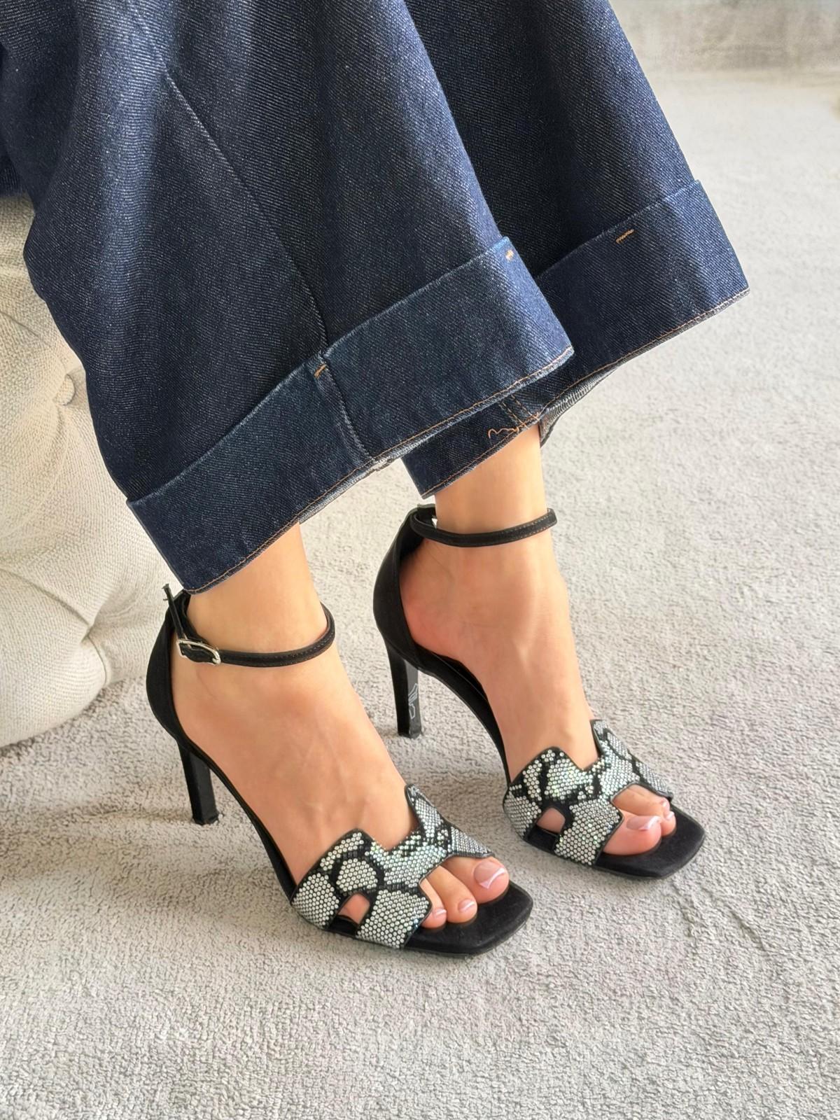 Black Suede Ankle-Strap Sandal with Crystal Mesh Vamp