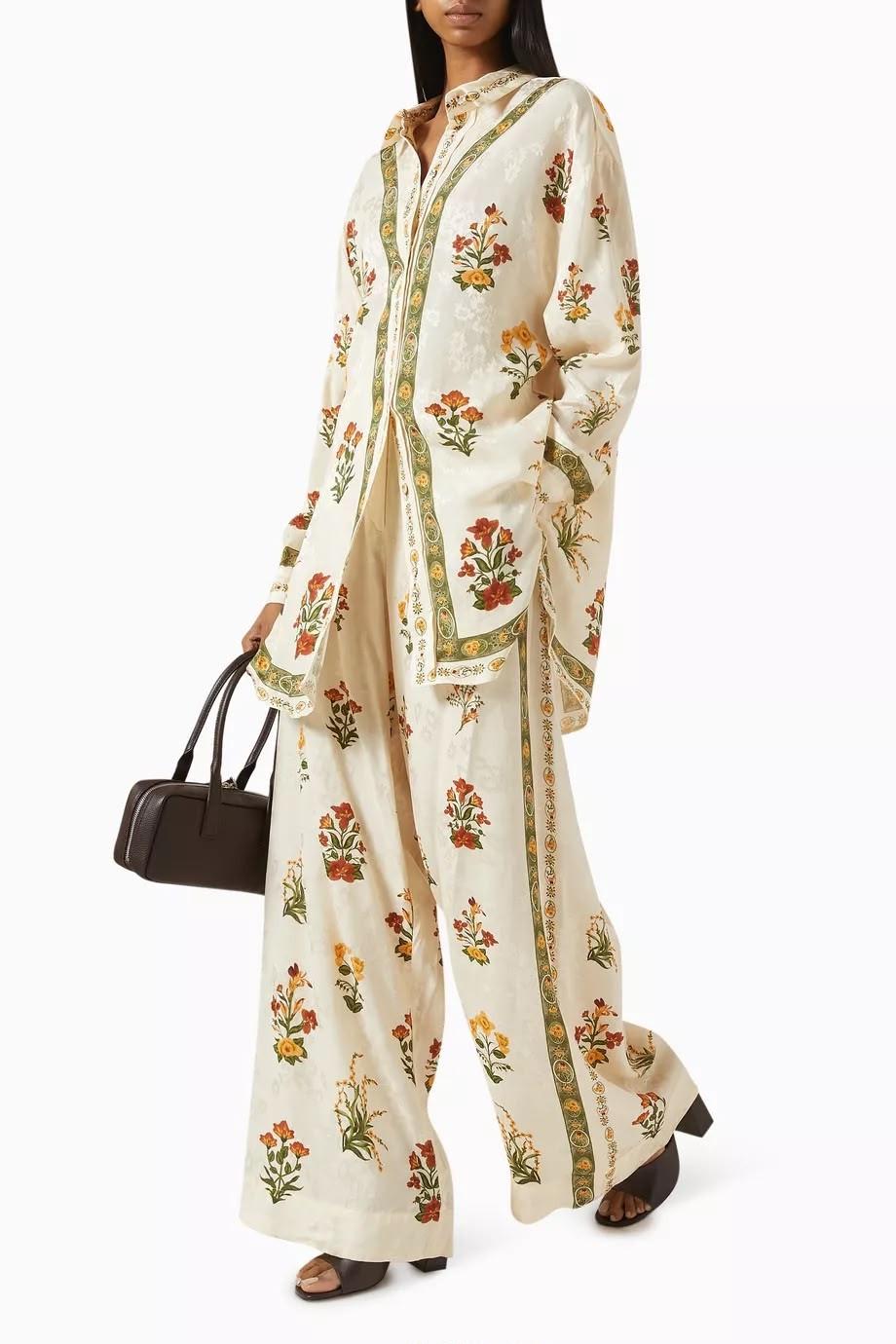 ALEMAIS Floral Placement Print Wide-Leg Pantsuit in Cream