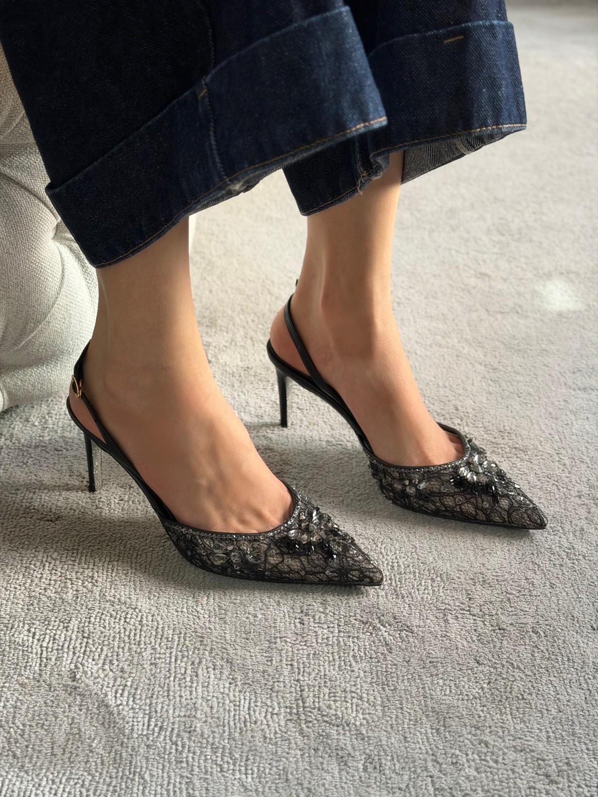 René Caovilla Lace Crystal-Embellished Slingback Pumps