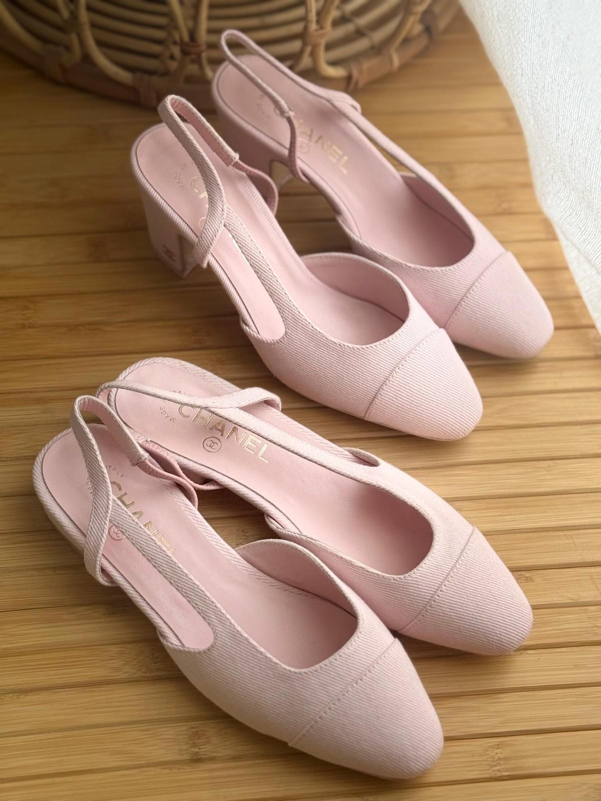 Chanel Slingback Pumps in Light Pink Fabric with Grosgrain Cap Toe · 3