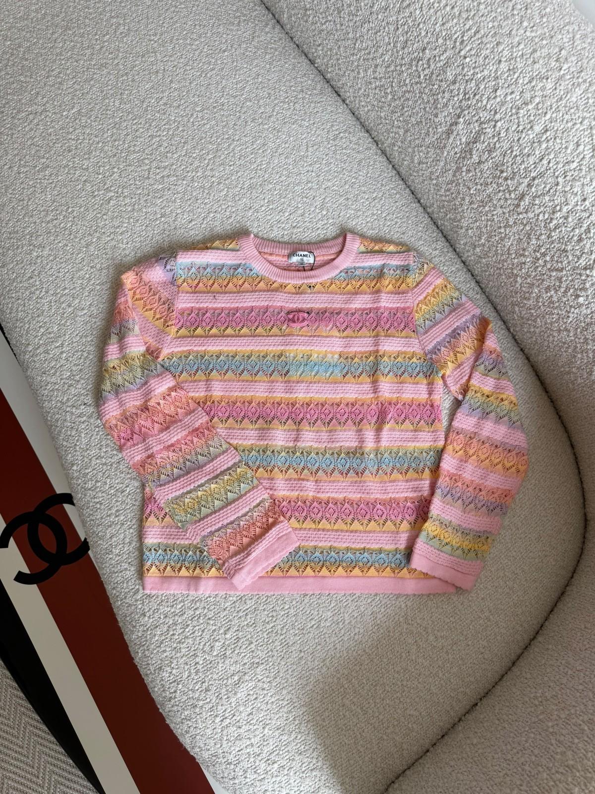 Chanel Striped Pointelle Knit Sweater with CC Logo · 2