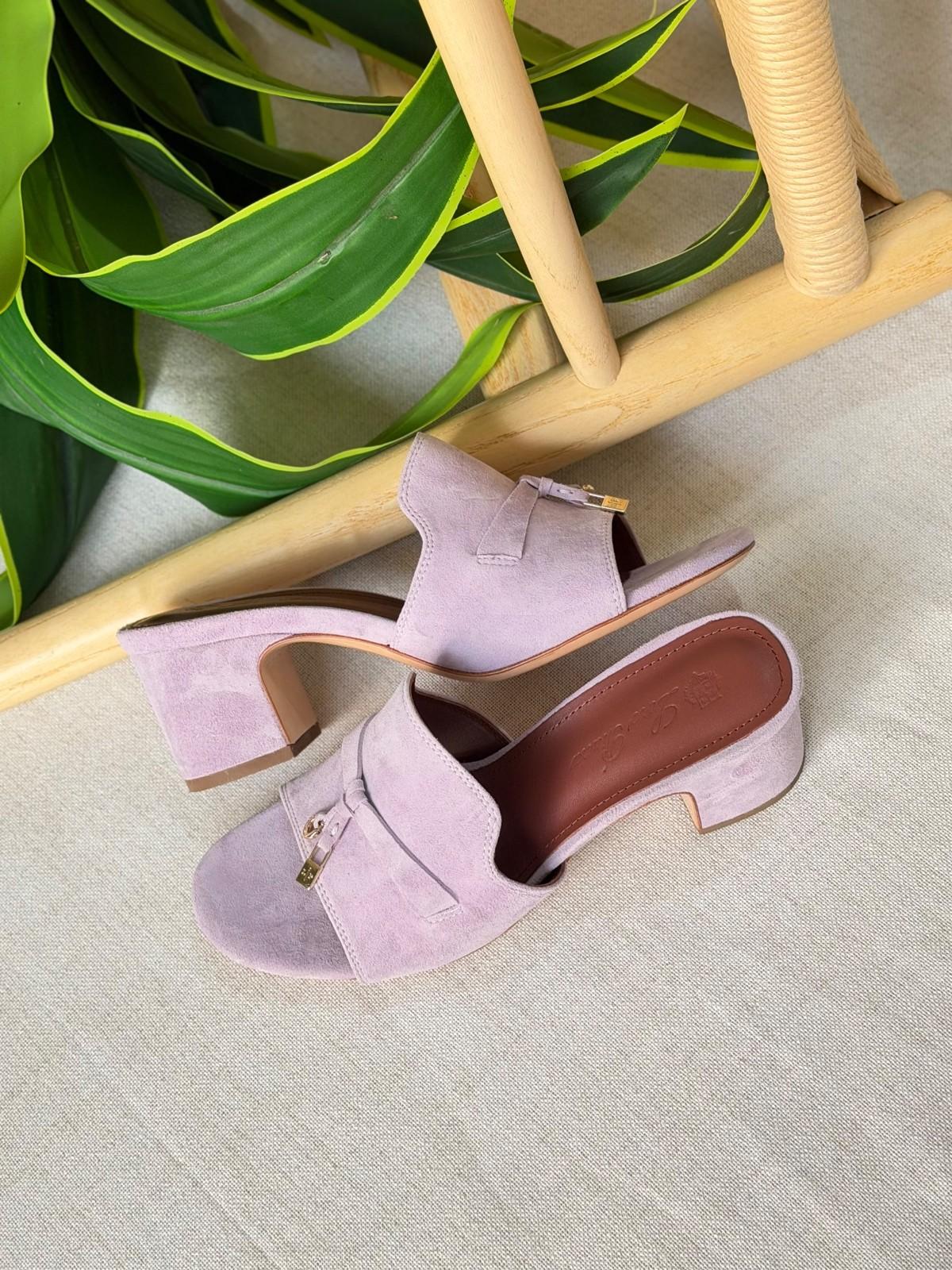 Loro Piana Suede Open-Toe Mule in Lavender with Charm Detail · 3