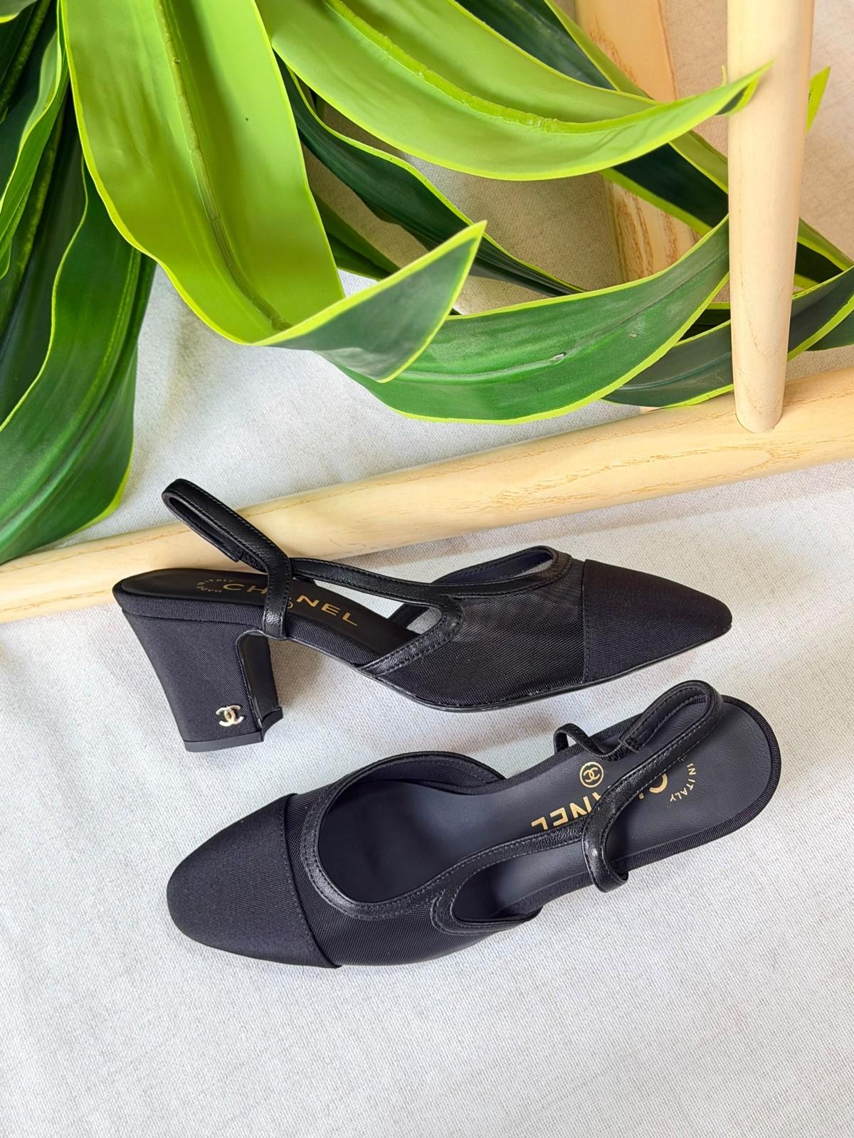 Chanel Slingback Block-Heel Pumps in Black Mesh and Grosgrain · 2