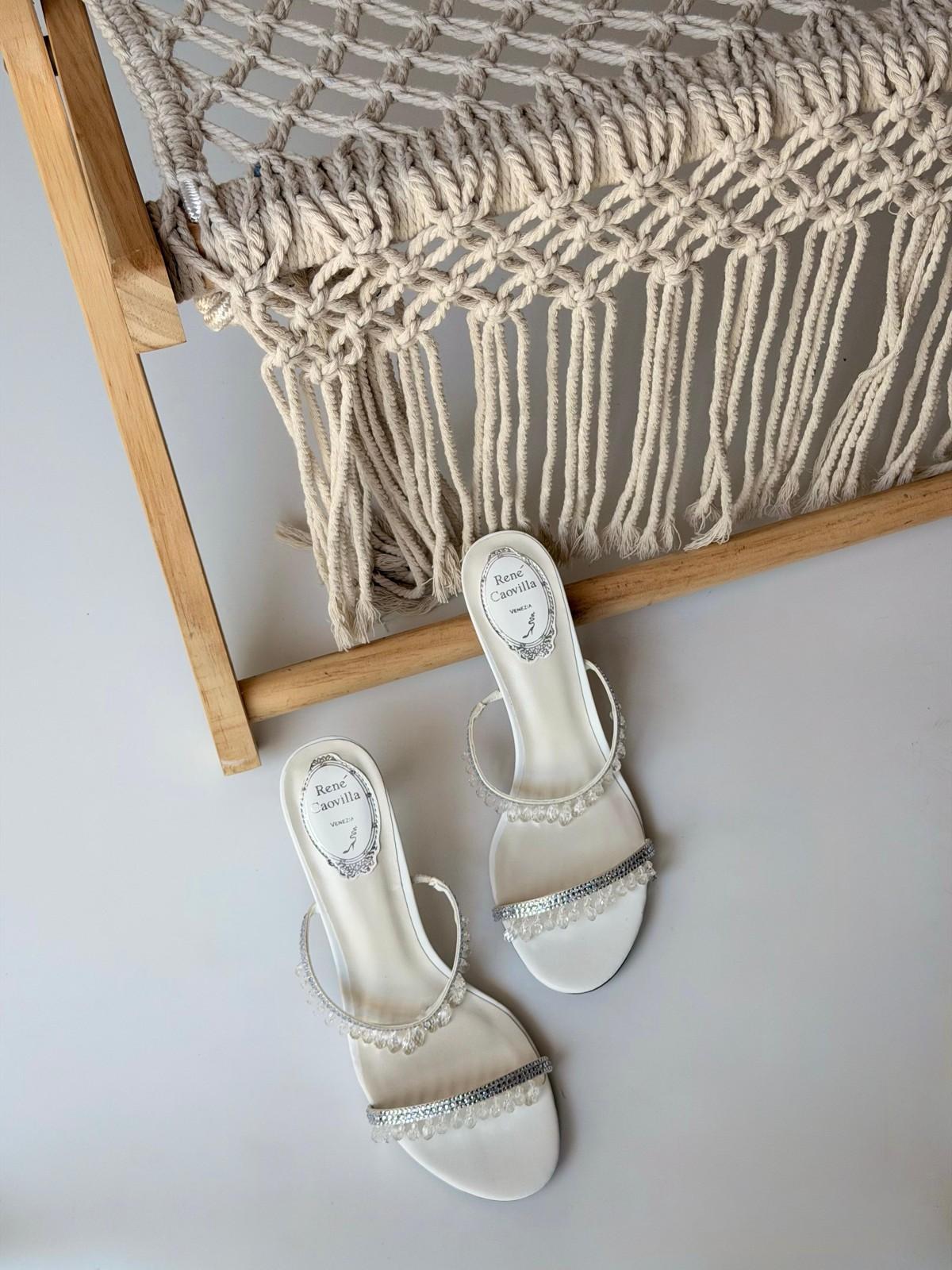 René Caovilla White Satin Crystal-Embellished Stiletto Sandals · 2