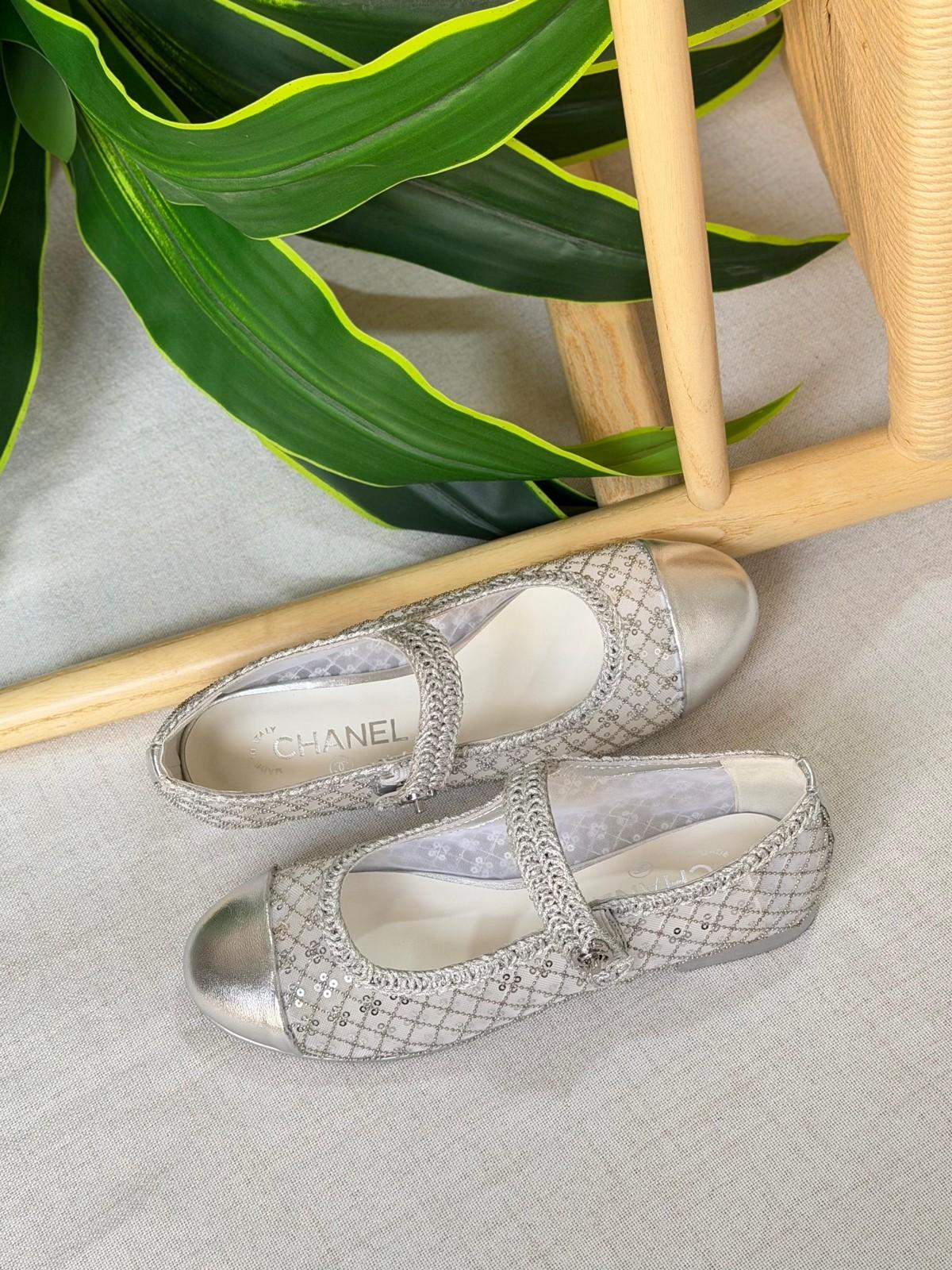 Chanel Silver Mesh & Sequin Mary Jane Flats with Metallic Cap Toe · 3