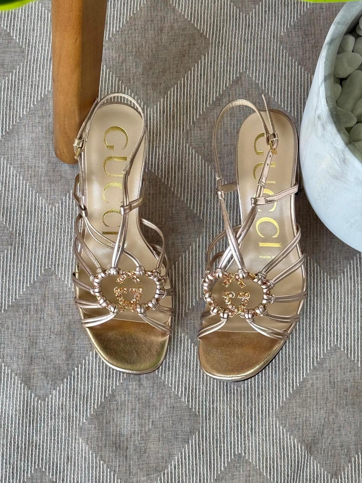 Gucci GG Crystal Embellished Metallic Strappy Sandal in Gold · 2
