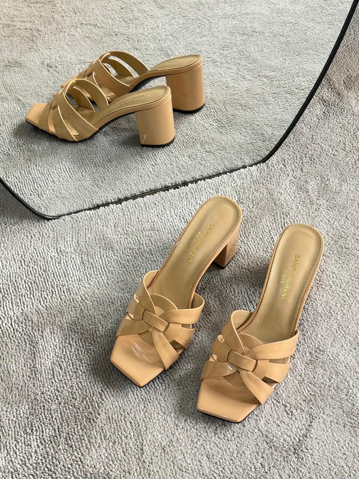 Saint Laurent Tribute Woven Strap Block Heel Mule in Beige Patent Leather · 2