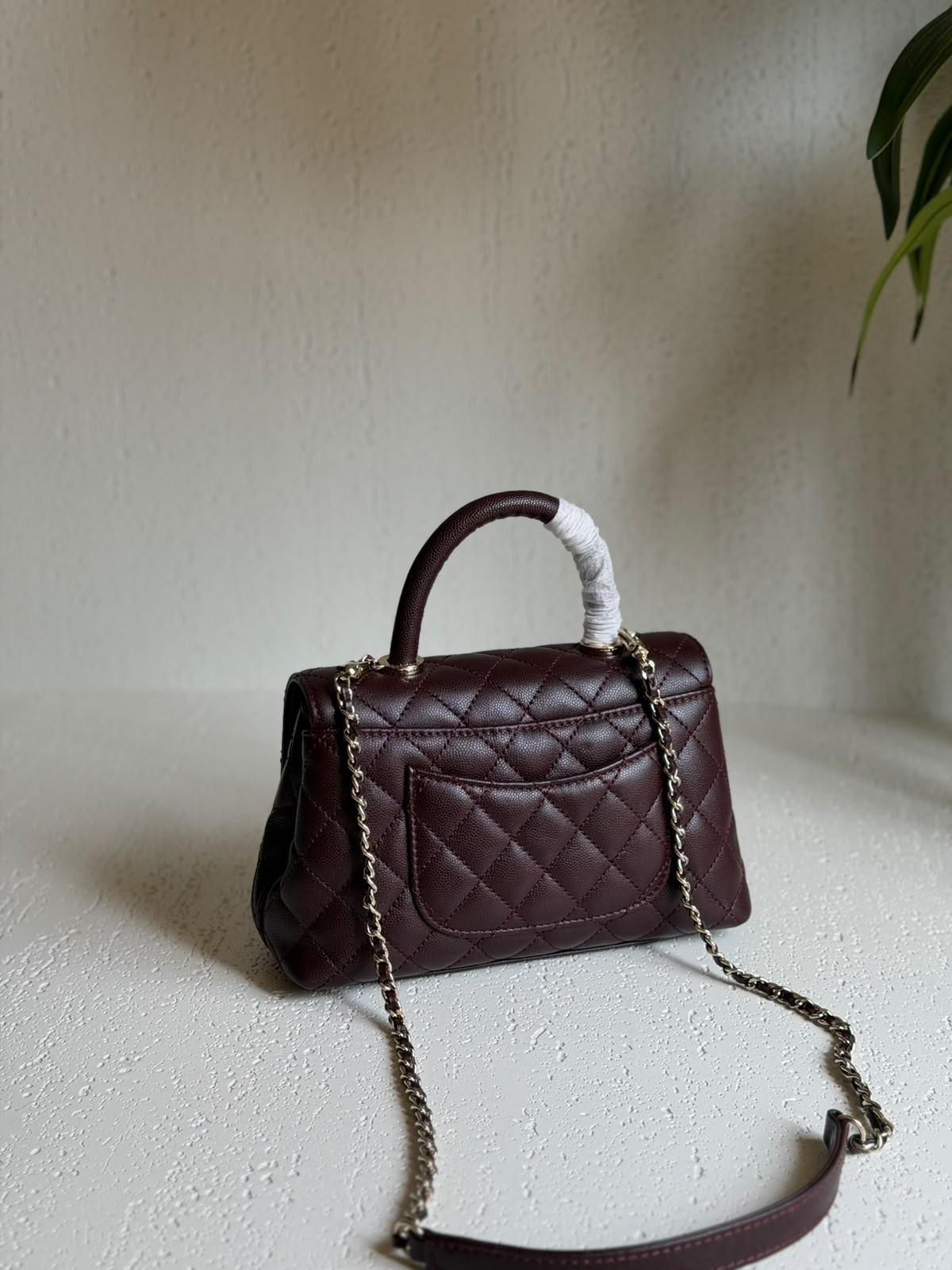 Chanel Coco Handle Bag 23cm in Black Caviar Leather with Burgundy Lizard Handle · 2