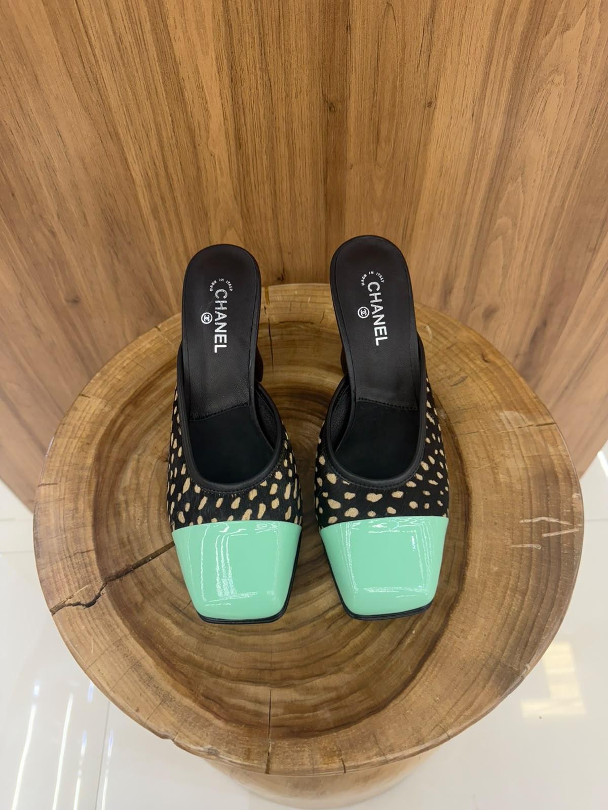 Chanel Leopard Print Mule with Patent Cap Toe · 2