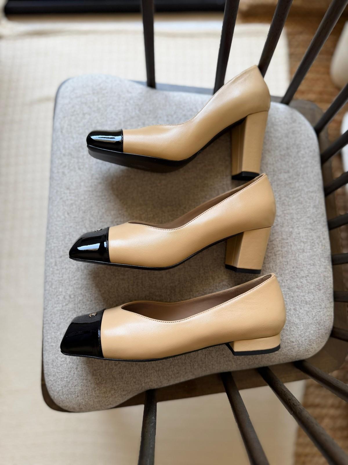 Chanel block-heel pumps with black patent cap toe · 2