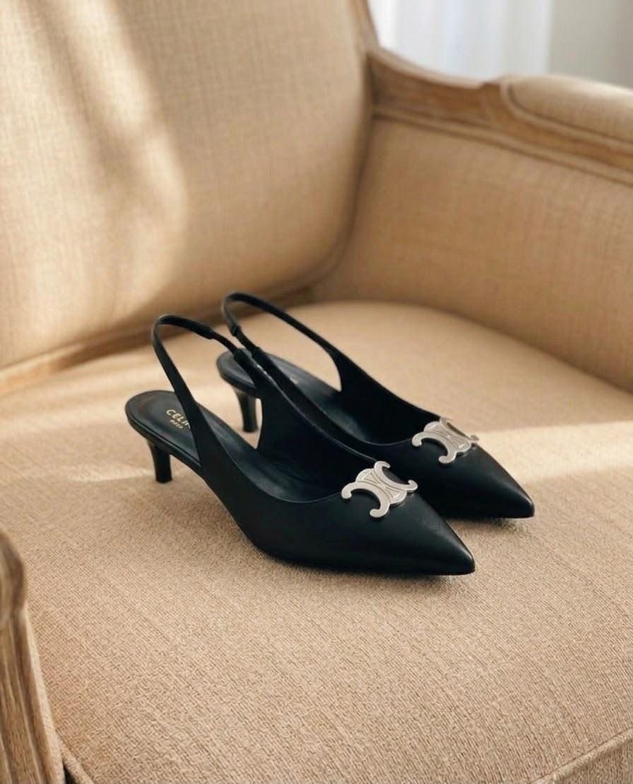 Celine Triomphe Slingback Pumps in Black Calfskin with Silver Hardware · 2