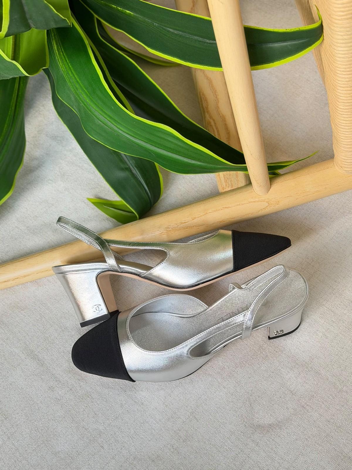 Chanel Slingback Pumps in Silver Metallic Leather with Black Cap Toe · 3