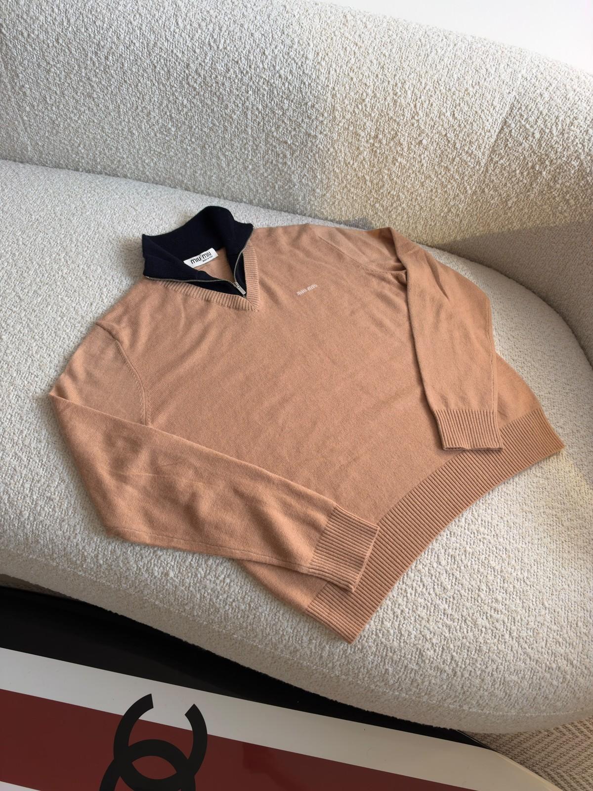 Miu Miu Beige Wool Sweater with Navy Zip Collar · 3