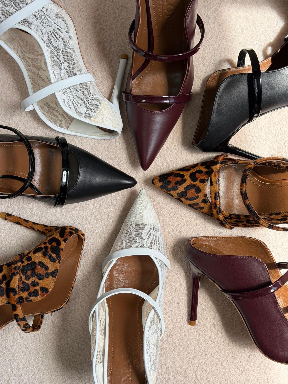 Malone Souliers Pointed-Toe Slingback Heels in Lace, Leather and Leopard Print · 2