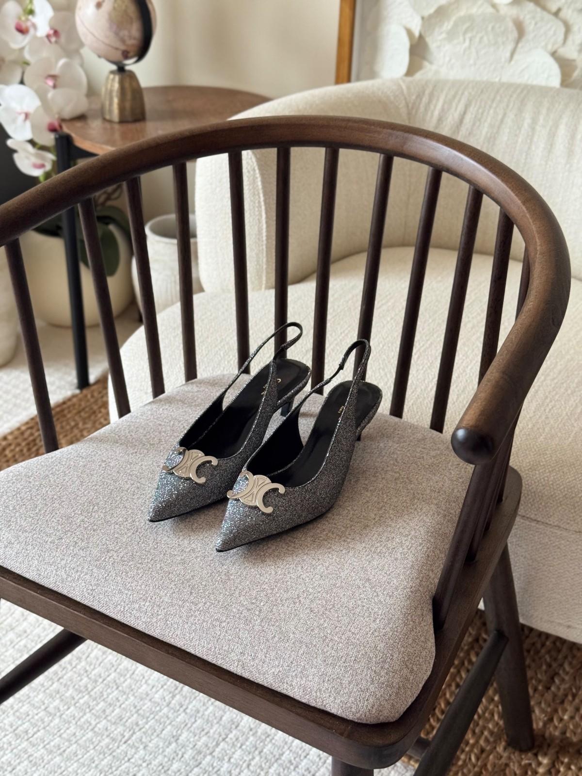 Celine Pointed Slingback Kitten Heel in Silver Glitter with Triomphe Buckle