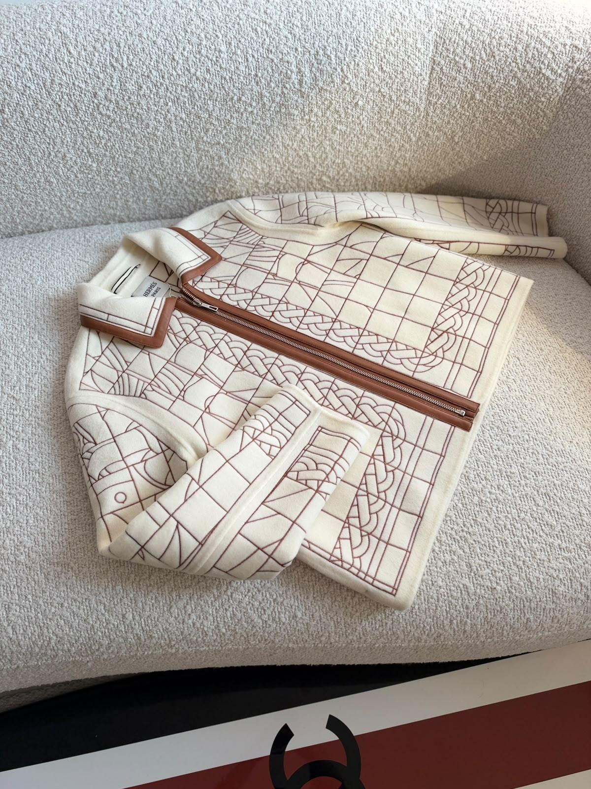 Hermès Cream Geometric-Print Zip Jacket with Contrast Trim · 2