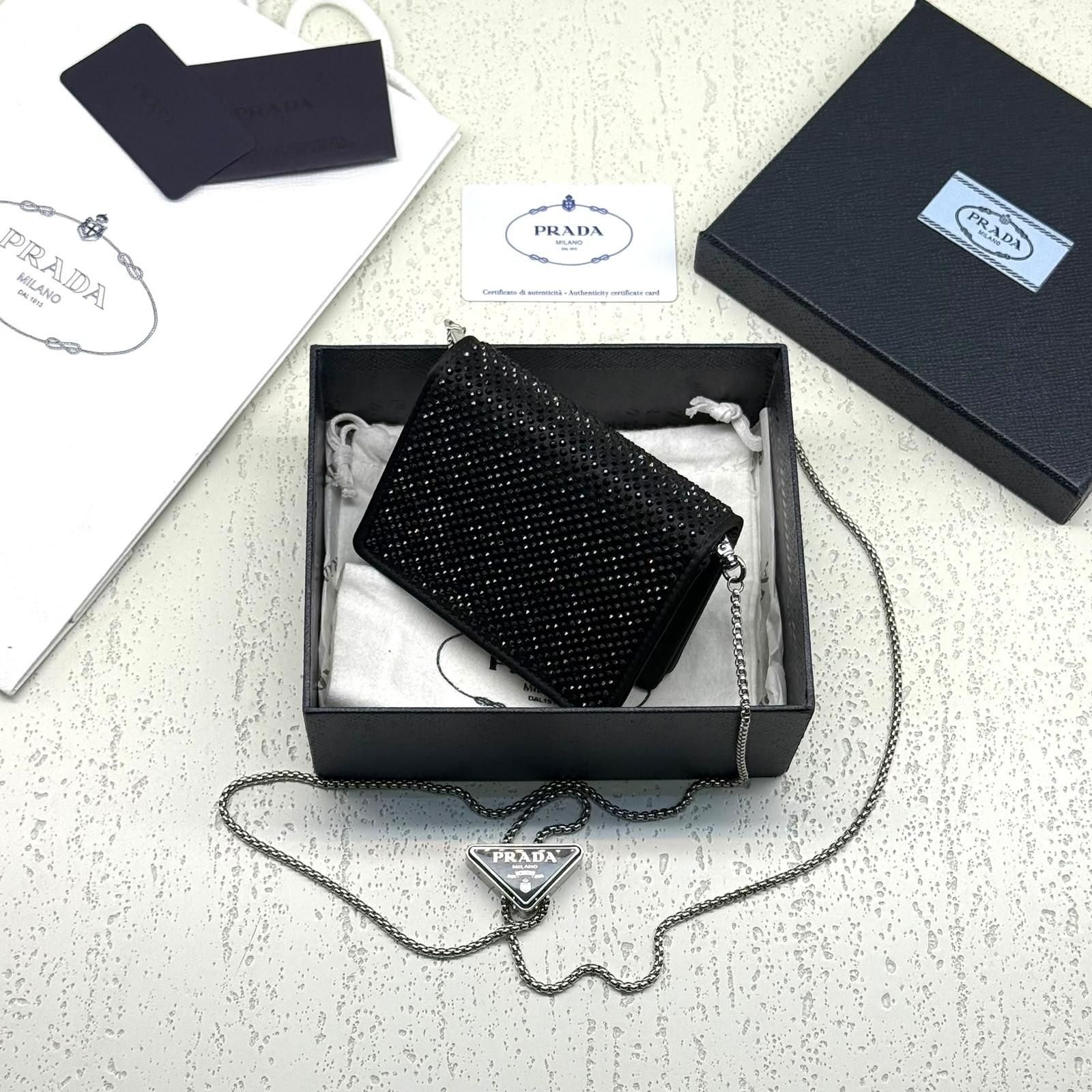 Prada Crystal-Studded Mini Wallet with Chain in Satin · 2