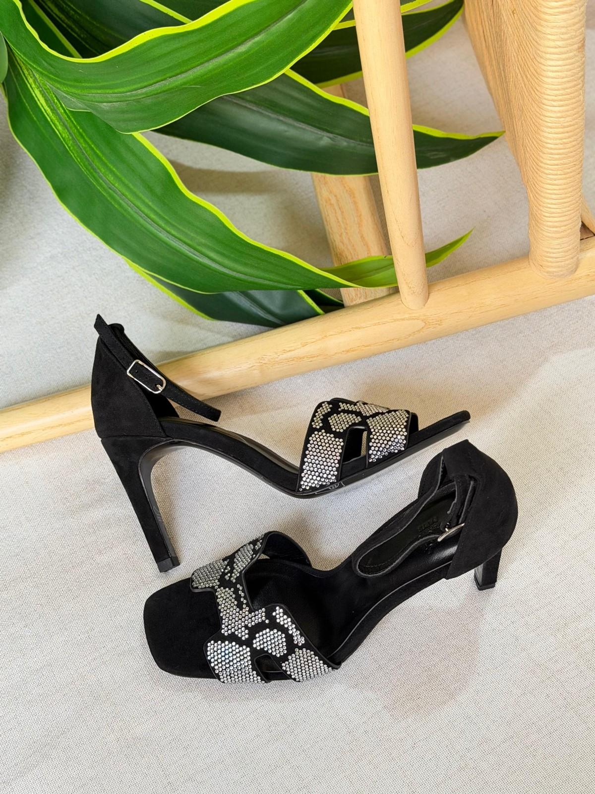 Black Suede Ankle-Strap Sandal with Crystal Mesh Vamp · 3