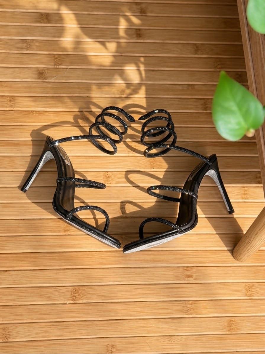 Rene Caovilla Black Crystal-Coil Strappy Stiletto Sandal · 2