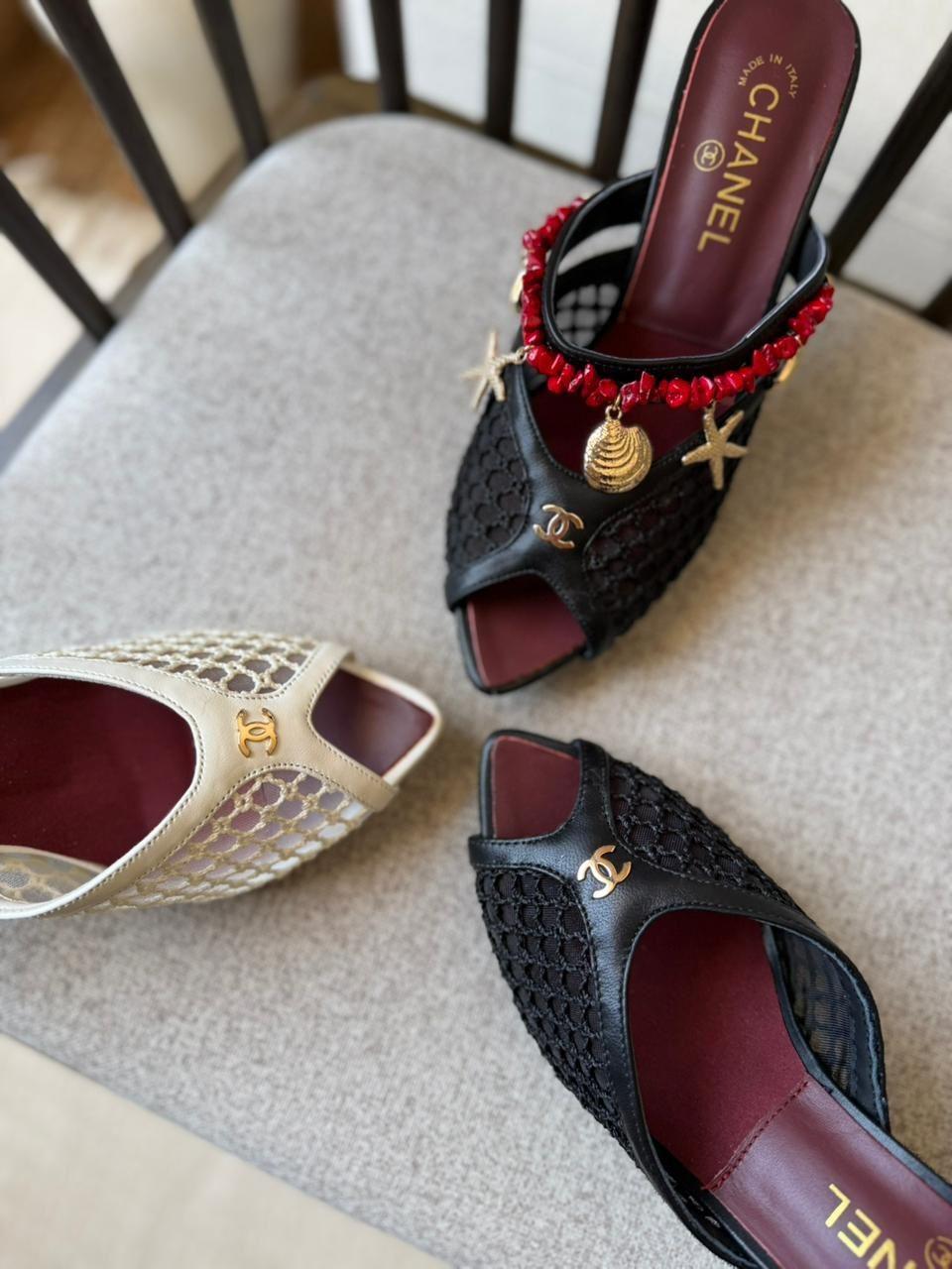 Chanel Woven Mesh Peep-Toe Mule Sandals with Seashell Charm · 2