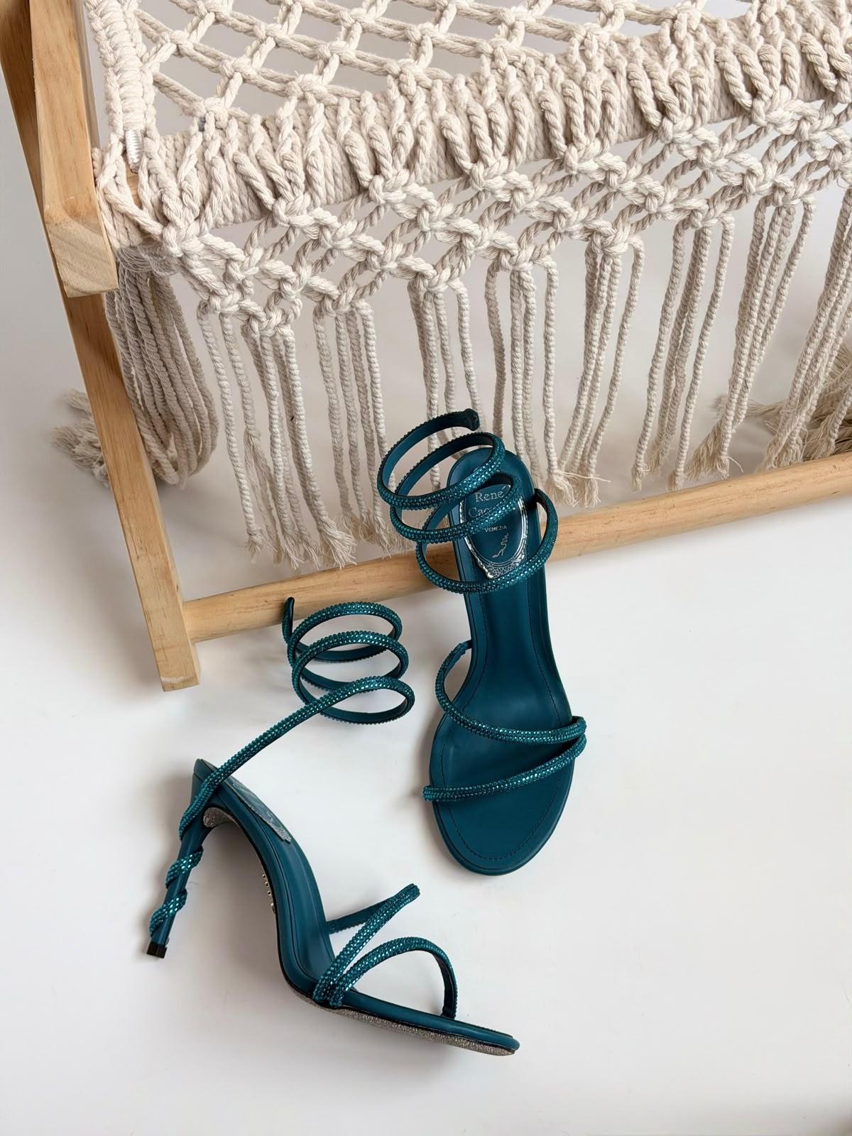 René Caovilla Teal Crystal-Embellished Strappy Stiletto Sandals · 2